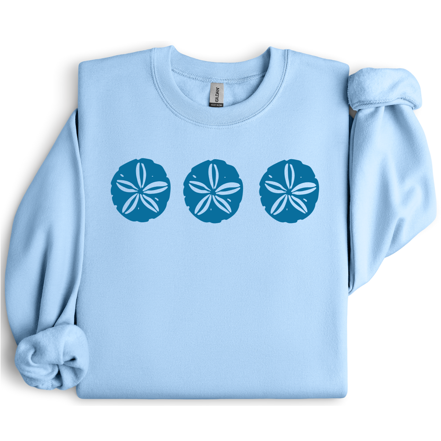 Gildan sweatshirt featuring three blue sand dollar graphics printed across the chest. Soft cotton-poly blend fabric with ribbed cuffs and waistband for a cozy, durable fit. Perfect for beach lovers and coastal style enthusiasts who appreciate simple ocean-inspired designs. Ideal for layering on cool seaside evenings or adding a subtle beach vibe to casual outfits.