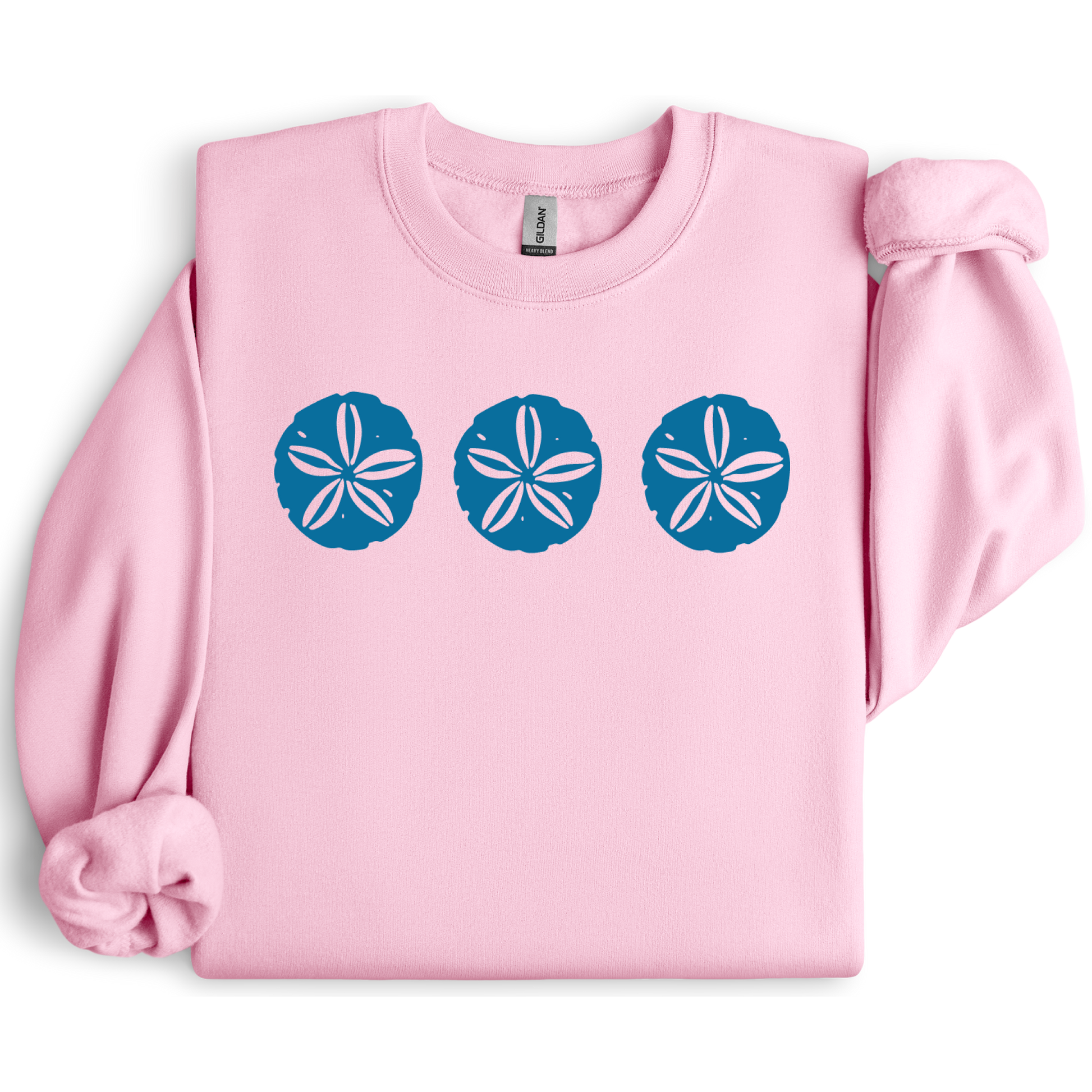 Gildan sweatshirt featuring three blue sand dollar graphics printed across the chest. Soft cotton-poly blend fabric with ribbed cuffs and waistband for a cozy, durable fit. Perfect for beach lovers and coastal style enthusiasts who appreciate simple ocean-inspired designs. Ideal for layering on cool seaside evenings or adding a subtle beach vibe to casual outfits.