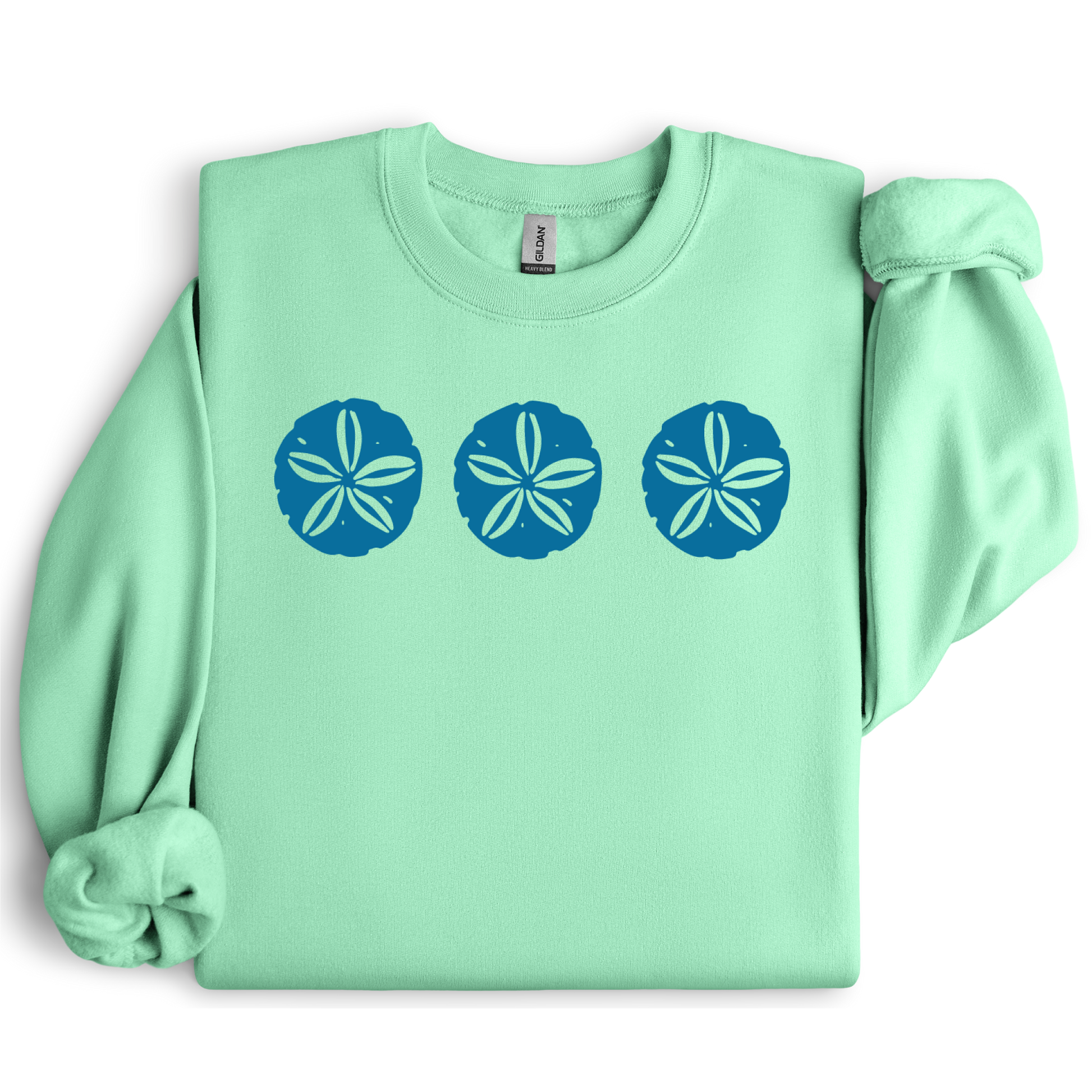 Gildan sweatshirt featuring three blue sand dollar graphics printed across the chest. Soft cotton-poly blend fabric with ribbed cuffs and waistband for a cozy, durable fit. Perfect for beach lovers and coastal style enthusiasts who appreciate simple ocean-inspired designs. Ideal for layering on cool seaside evenings or adding a subtle beach vibe to casual outfits.