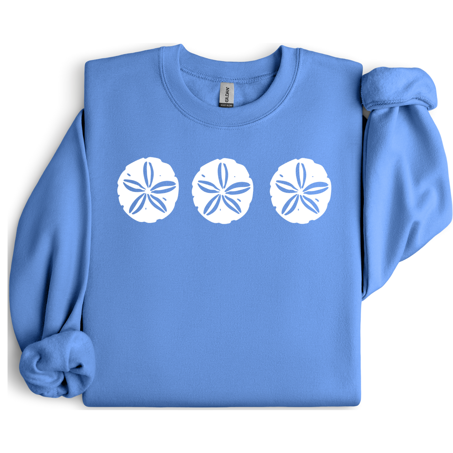 Gildan sweatshirt featuring three blue sand dollar graphics printed across the chest. Soft cotton-poly blend fabric with ribbed cuffs and waistband for a cozy, durable fit. Perfect for beach lovers and coastal style enthusiasts who appreciate simple ocean-inspired designs. Ideal for layering on cool seaside evenings or adding a subtle beach vibe to casual outfits.