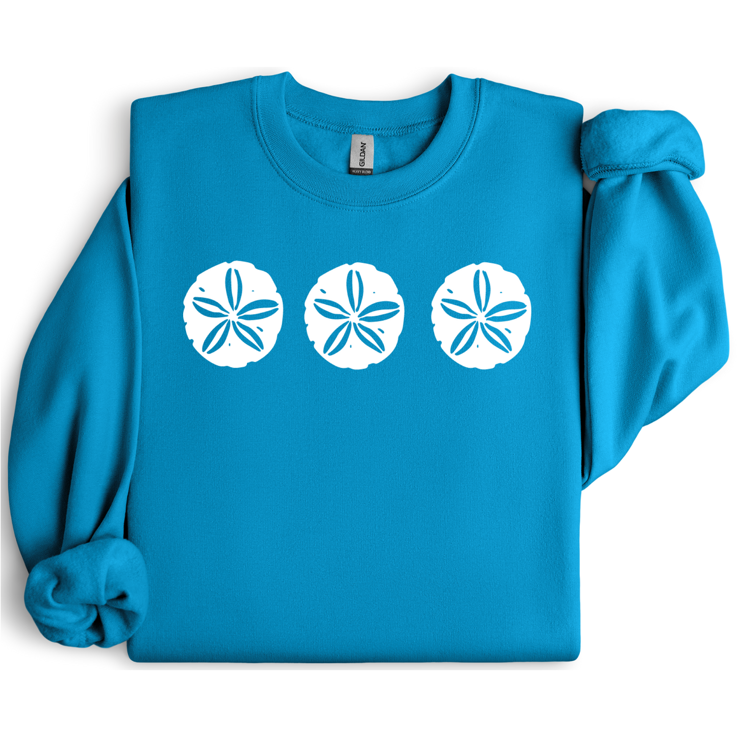 Gildan sweatshirt featuring three blue sand dollar graphics printed across the chest. Soft cotton-poly blend fabric with ribbed cuffs and waistband for a cozy, durable fit. Perfect for beach lovers and coastal style enthusiasts who appreciate simple ocean-inspired designs. Ideal for layering on cool seaside evenings or adding a subtle beach vibe to casual outfits.