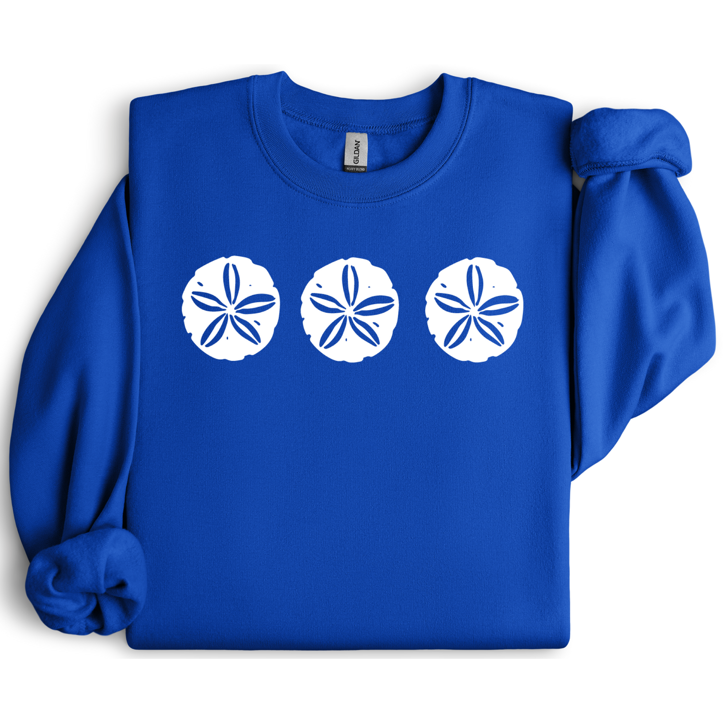 Gildan sweatshirt featuring three blue sand dollar graphics printed across the chest. Soft cotton-poly blend fabric with ribbed cuffs and waistband for a cozy, durable fit. Perfect for beach lovers and coastal style enthusiasts who appreciate simple ocean-inspired designs. Ideal for layering on cool seaside evenings or adding a subtle beach vibe to casual outfits.