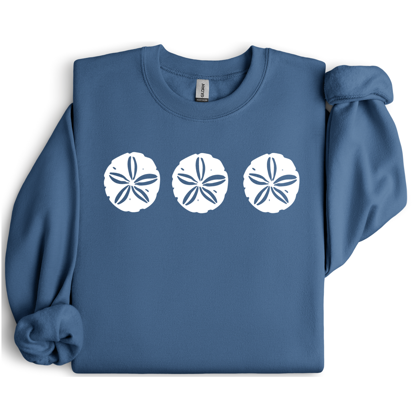 Gildan sweatshirt featuring three blue sand dollar graphics printed across the chest. Soft cotton-poly blend fabric with ribbed cuffs and waistband for a cozy, durable fit. Perfect for beach lovers and coastal style enthusiasts who appreciate simple ocean-inspired designs. Ideal for layering on cool seaside evenings or adding a subtle beach vibe to casual outfits.