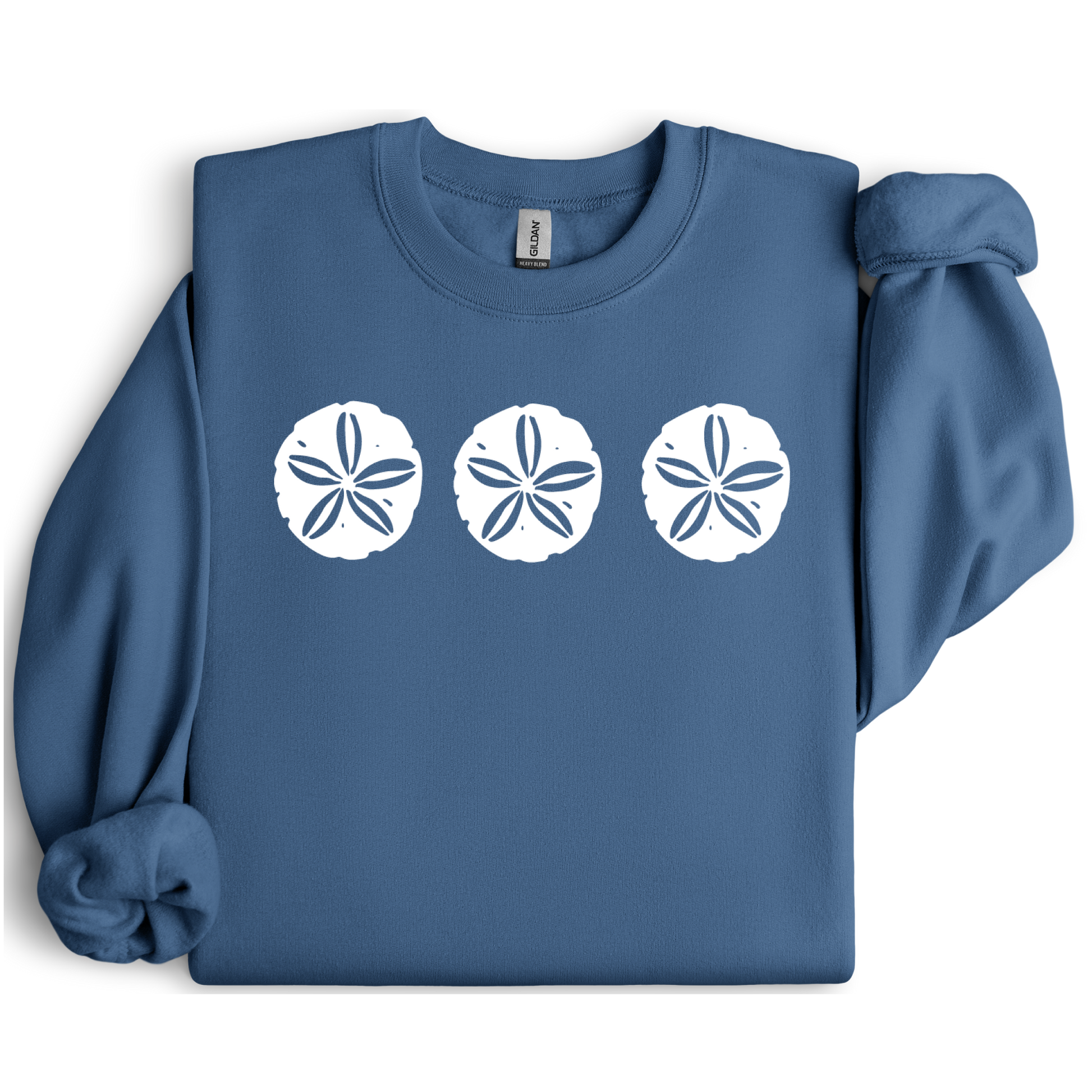 Gildan sweatshirt featuring three blue sand dollar graphics printed across the chest. Soft cotton-poly blend fabric with ribbed cuffs and waistband for a cozy, durable fit. Perfect for beach lovers and coastal style enthusiasts who appreciate simple ocean-inspired designs. Ideal for layering on cool seaside evenings or adding a subtle beach vibe to casual outfits.