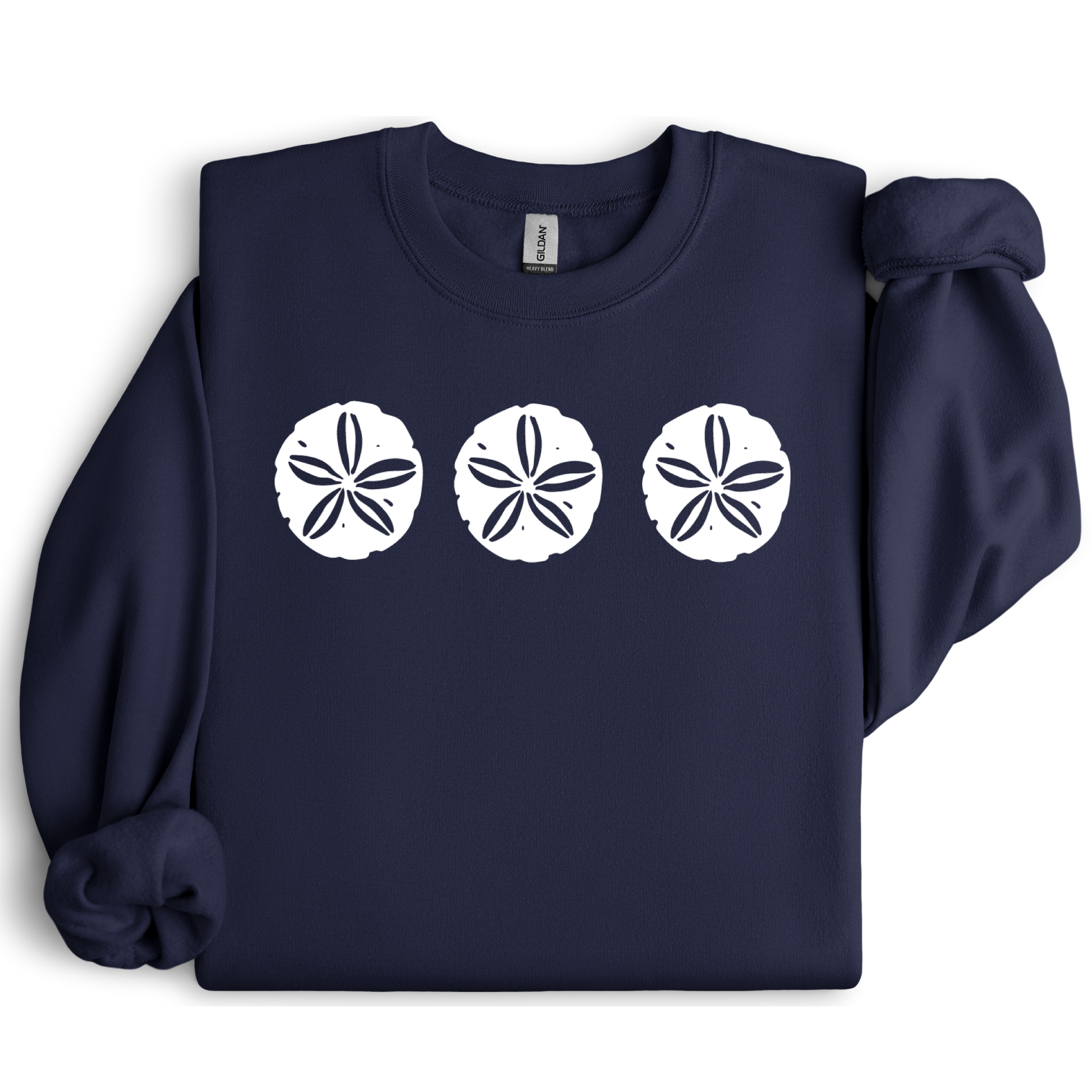 Gildan sweatshirt featuring three blue sand dollar graphics printed across the chest. Soft cotton-poly blend fabric with ribbed cuffs and waistband for a cozy, durable fit. Perfect for beach lovers and coastal style enthusiasts who appreciate simple ocean-inspired designs. Ideal for layering on cool seaside evenings or adding a subtle beach vibe to casual outfits.