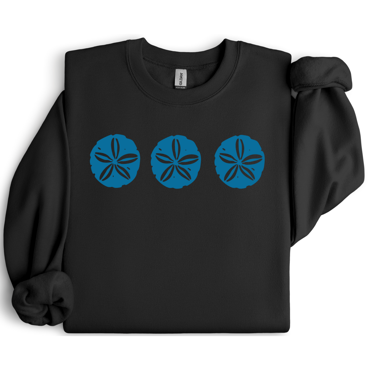 Gildan sweatshirt featuring three blue sand dollar graphics printed across the chest. Soft cotton-poly blend fabric with ribbed cuffs and waistband for a cozy, durable fit. Perfect for beach lovers and coastal style enthusiasts who appreciate simple ocean-inspired designs. Ideal for layering on cool seaside evenings or adding a subtle beach vibe to casual outfits.