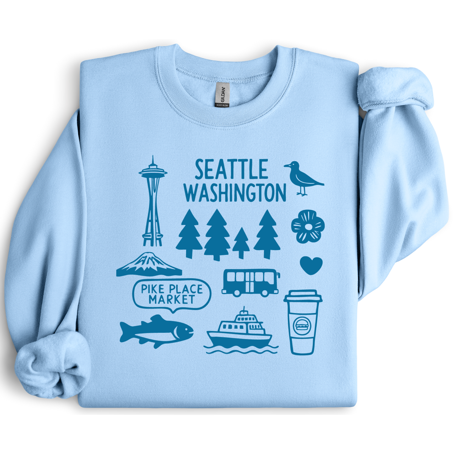 Light blue sweatshirt with blue graphics and text on a white background