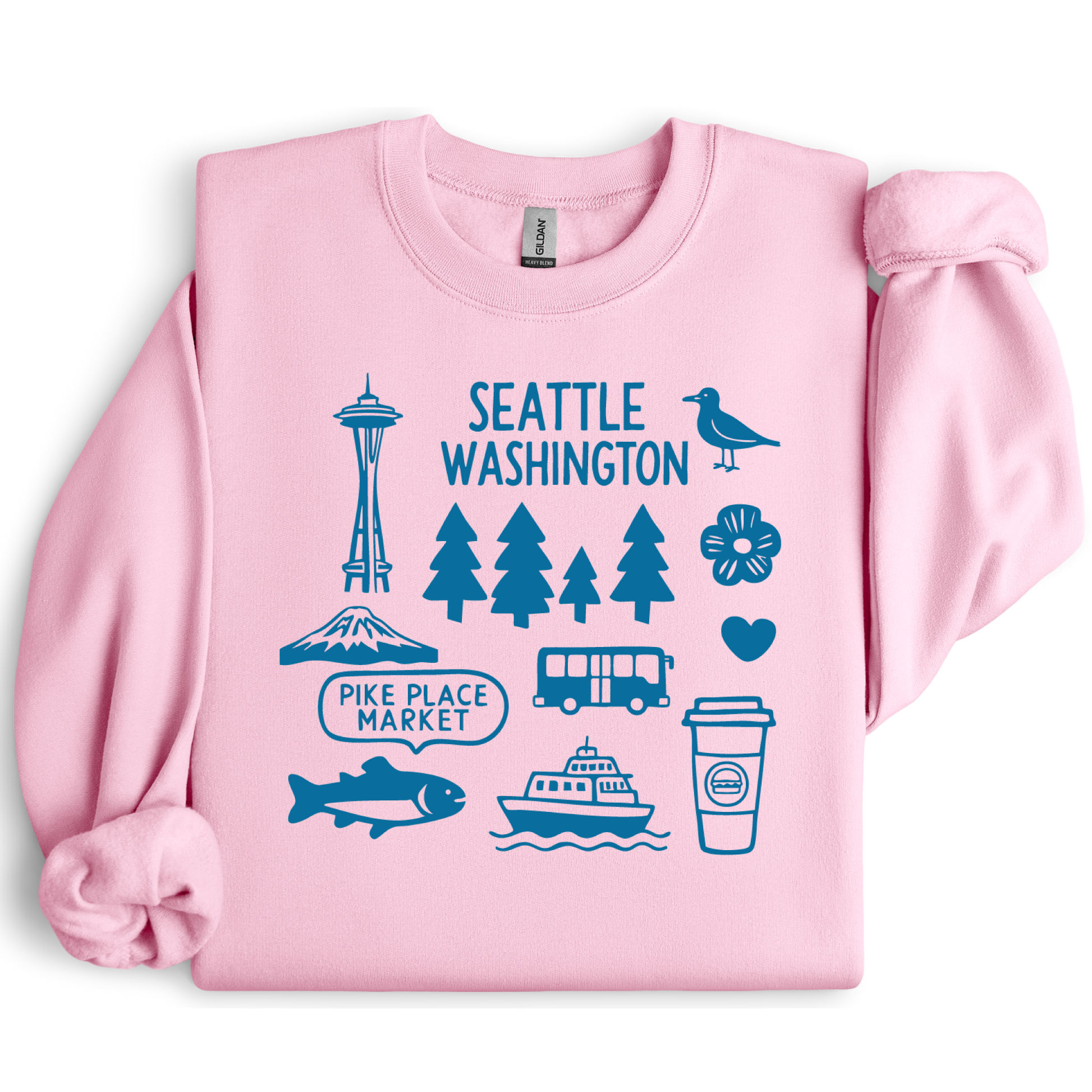 Pink sweatshirt with blue Seattle-themed graphics on a white background