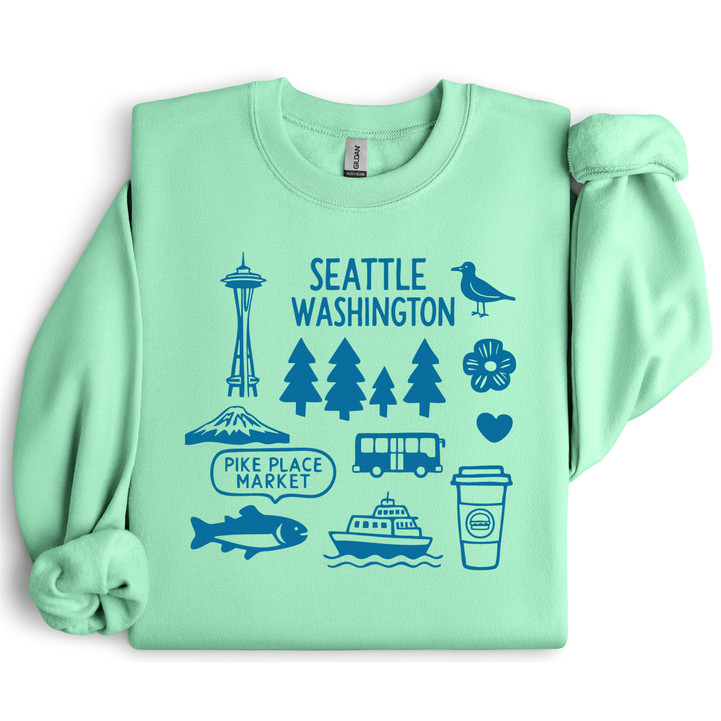 Light green sweatshirt with blue graphics and text on a white background