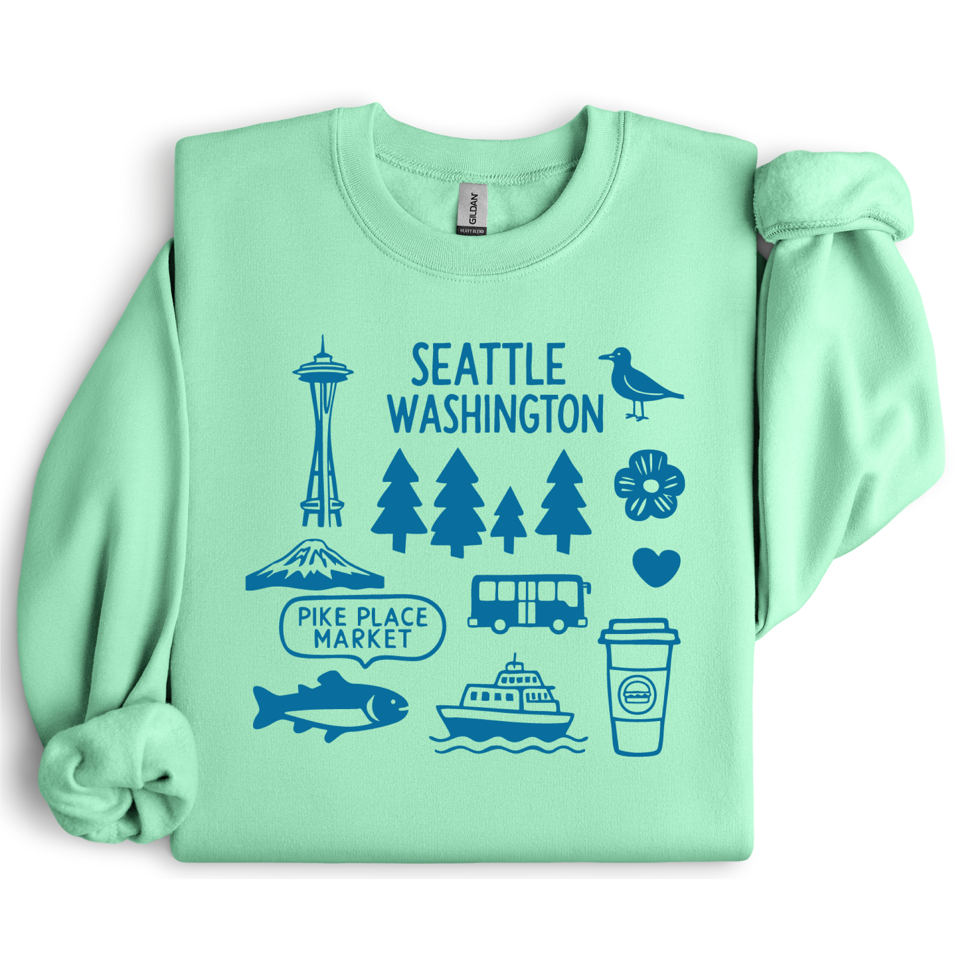 Light green sweatshirt with blue graphics and text on a white background