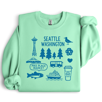 Light green sweatshirt with blue graphics and text on a white background