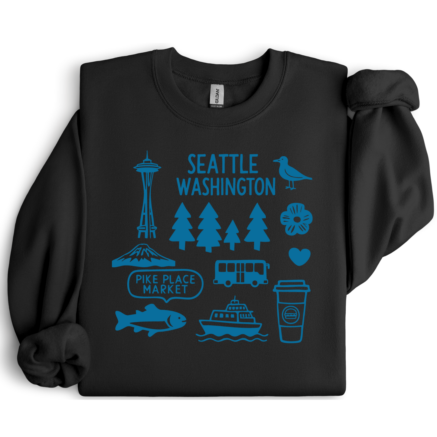 Black sweatshirt with blue graphics and text on a white background