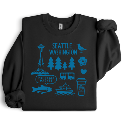 Black sweatshirt with blue graphics and text on a white background