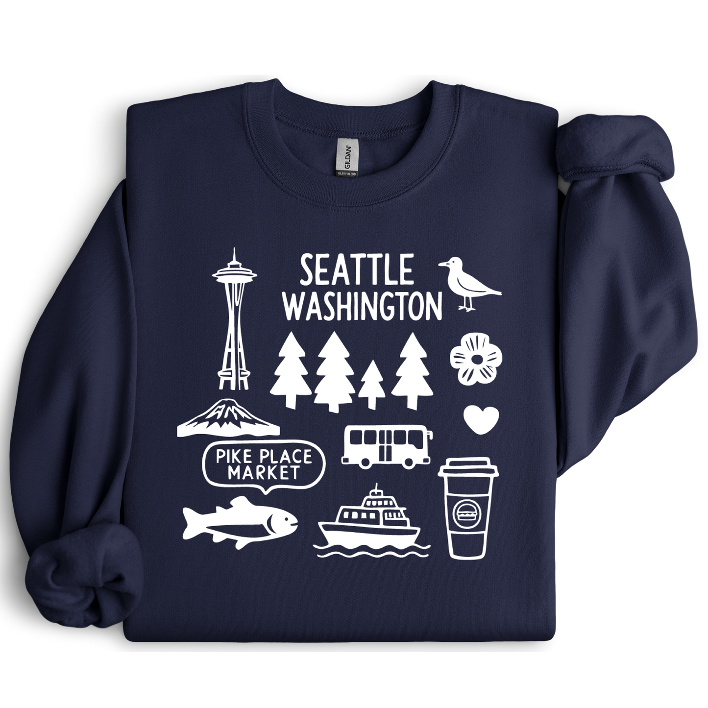 Navy blue sweatshirt with white graphics and text on a white background