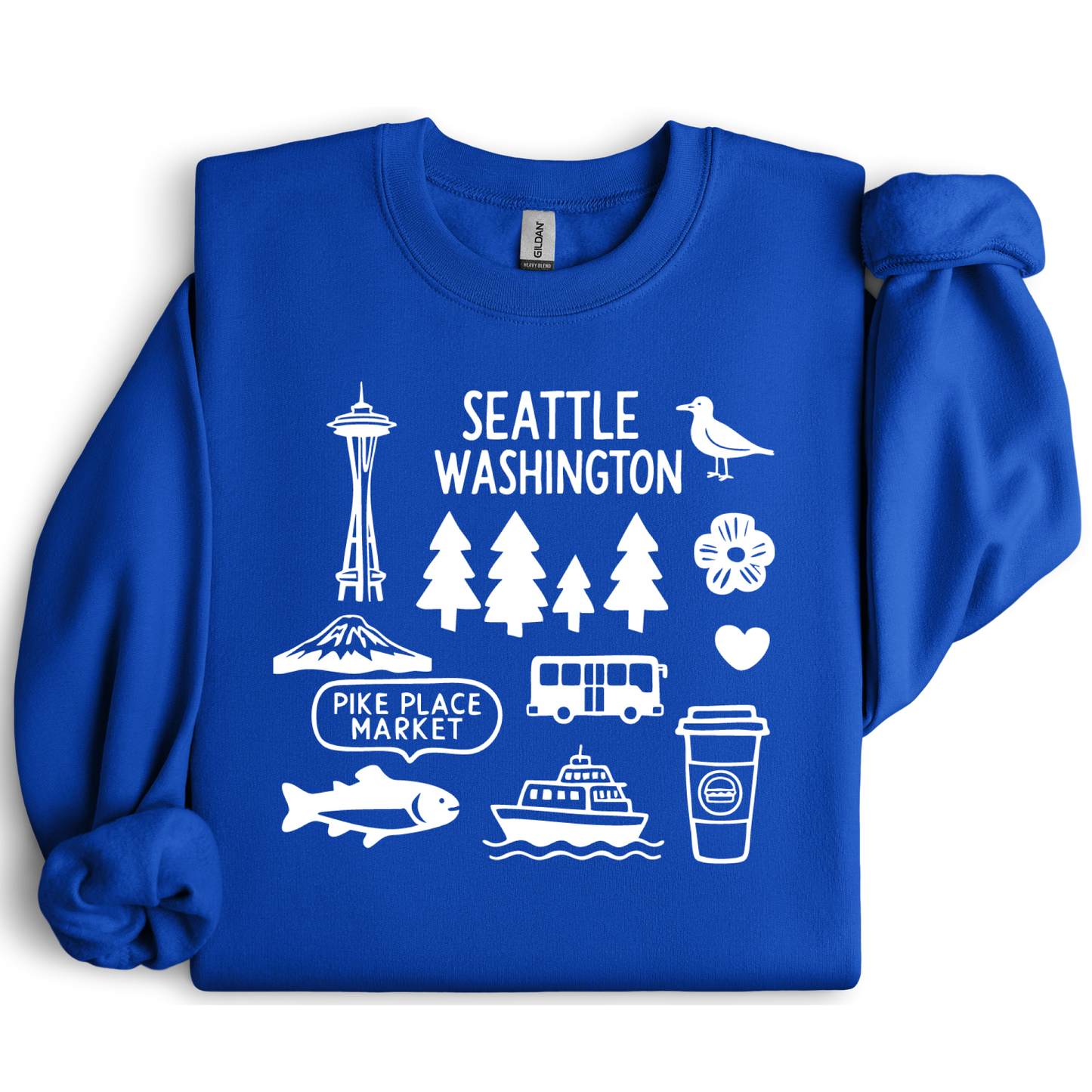 Royal Blue sweatshirt with white graphics and text about Seattle, Washington.