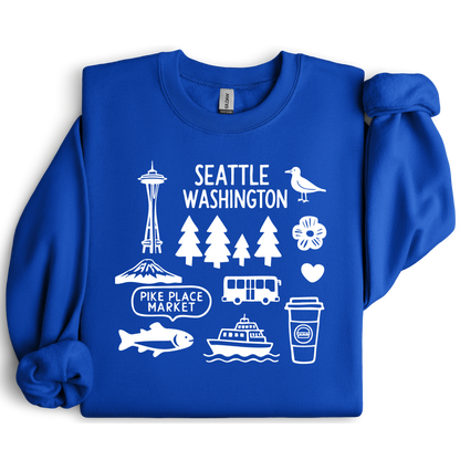 Royal Blue sweatshirt with white graphics and text about Seattle, Washington.
