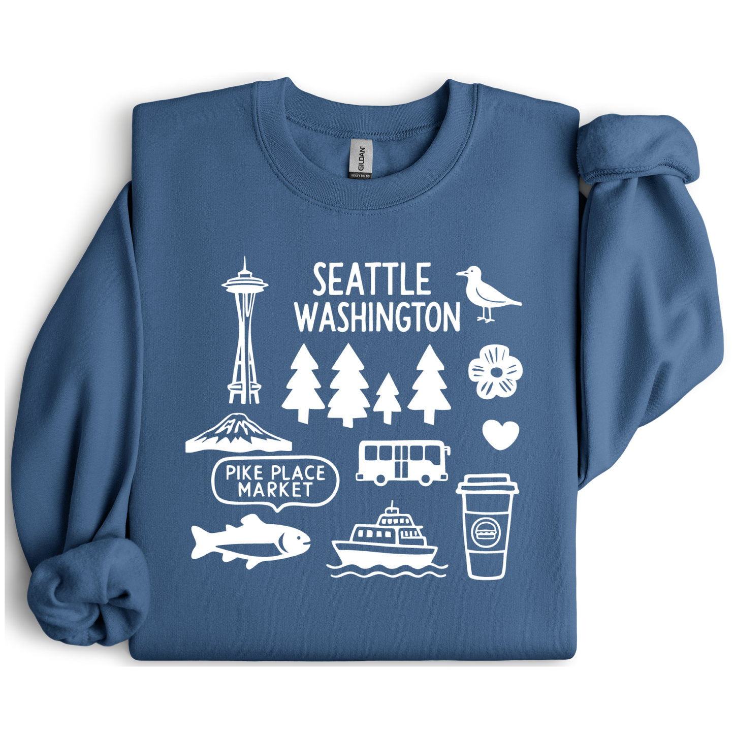 Indigo Blue sweatshirt with white icons and text about Seattle, Washington