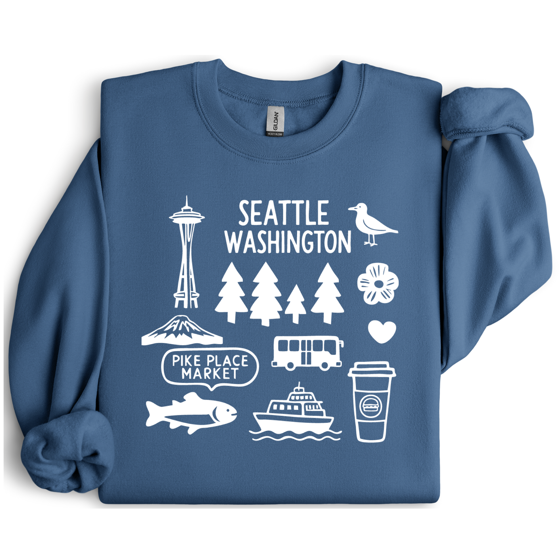 Indigo Blue sweatshirt with white icons and text about Seattle, Washington