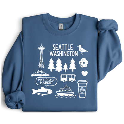 Indigo Blue sweatshirt with white icons and text about Seattle, Washington