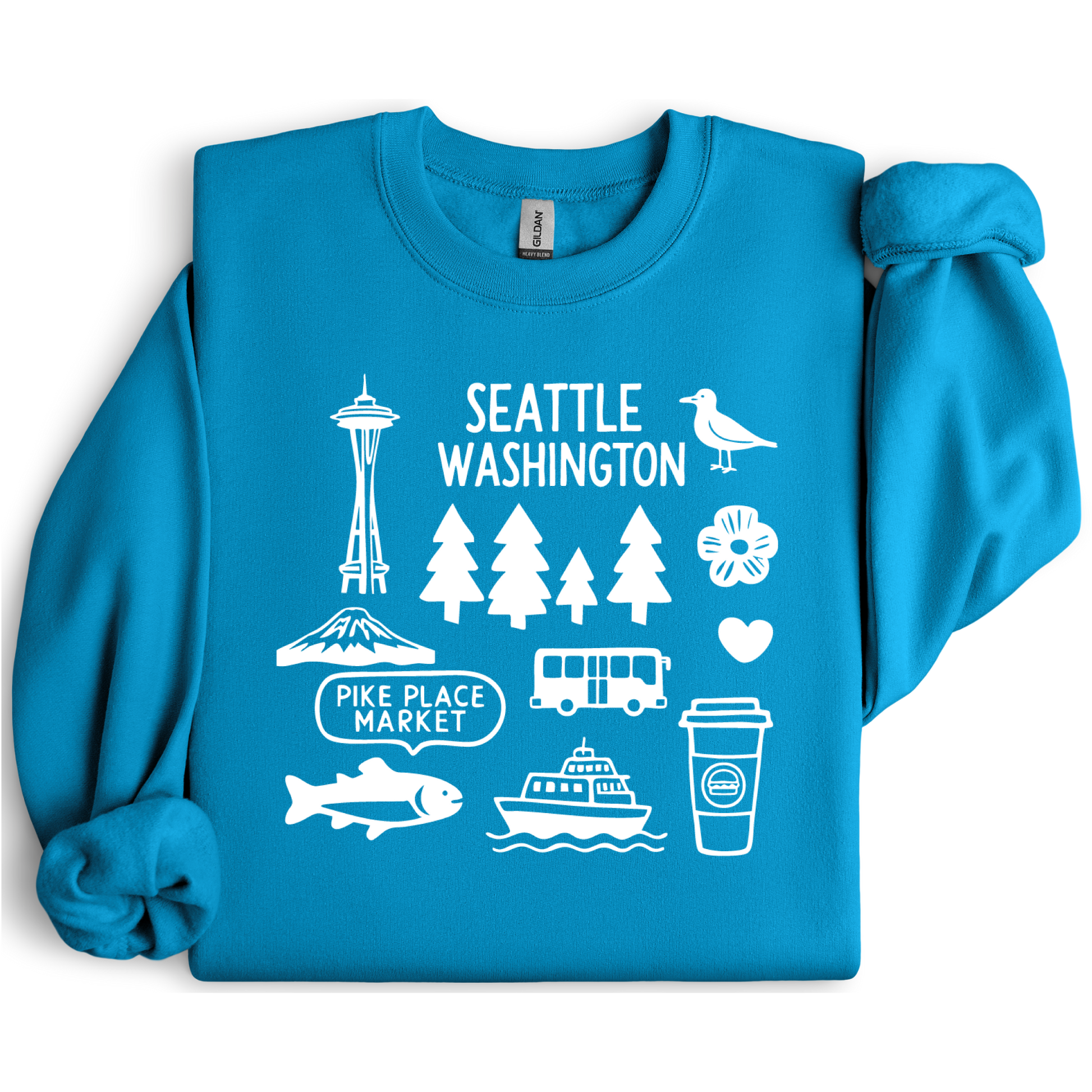 Blue sweatshirt with white graphics and text about Seattle, Washington.