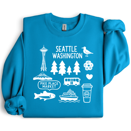 Blue sweatshirt with white graphics and text about Seattle, Washington.