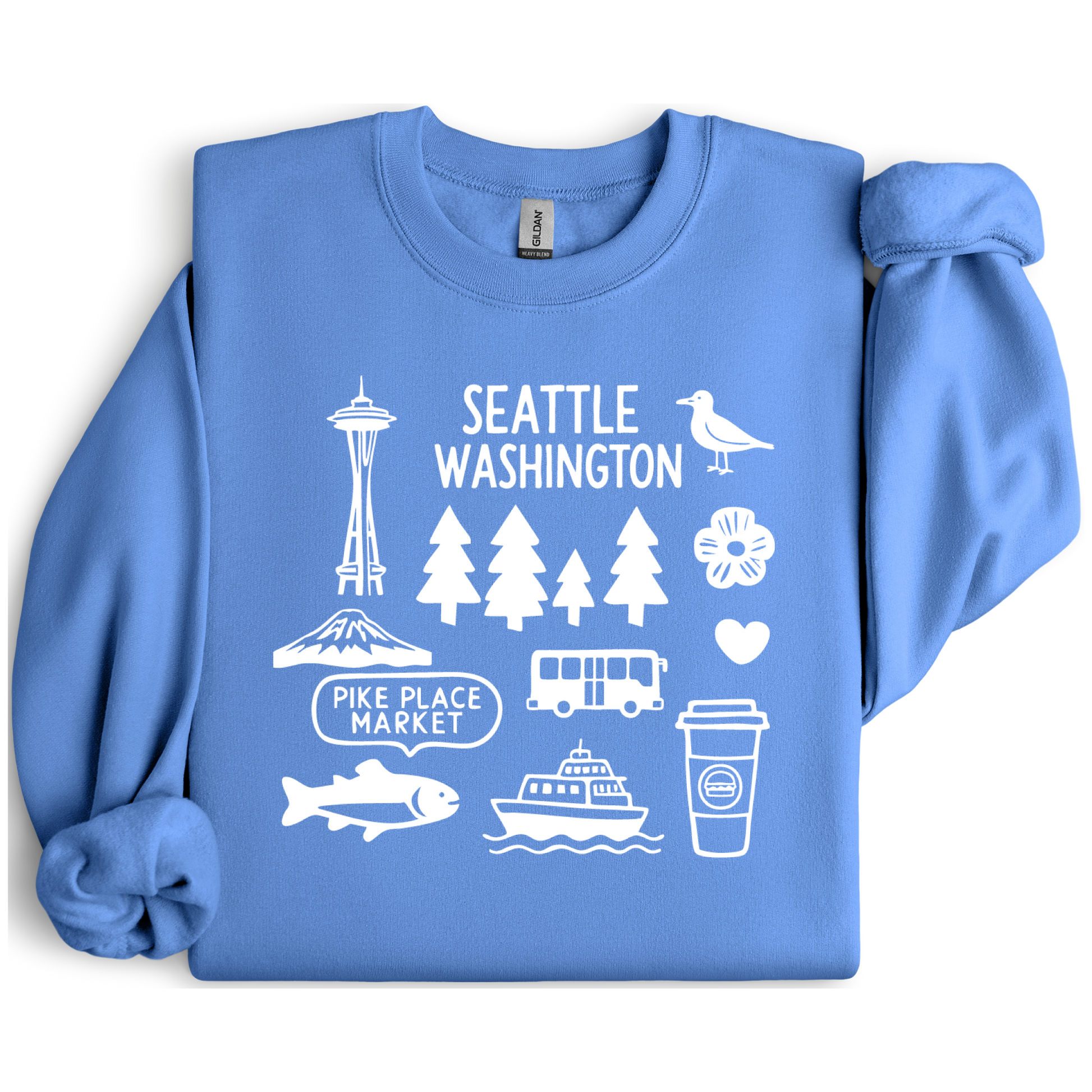 Carolina Blue sweatshirt with white Seattle-themed graphics on a white background