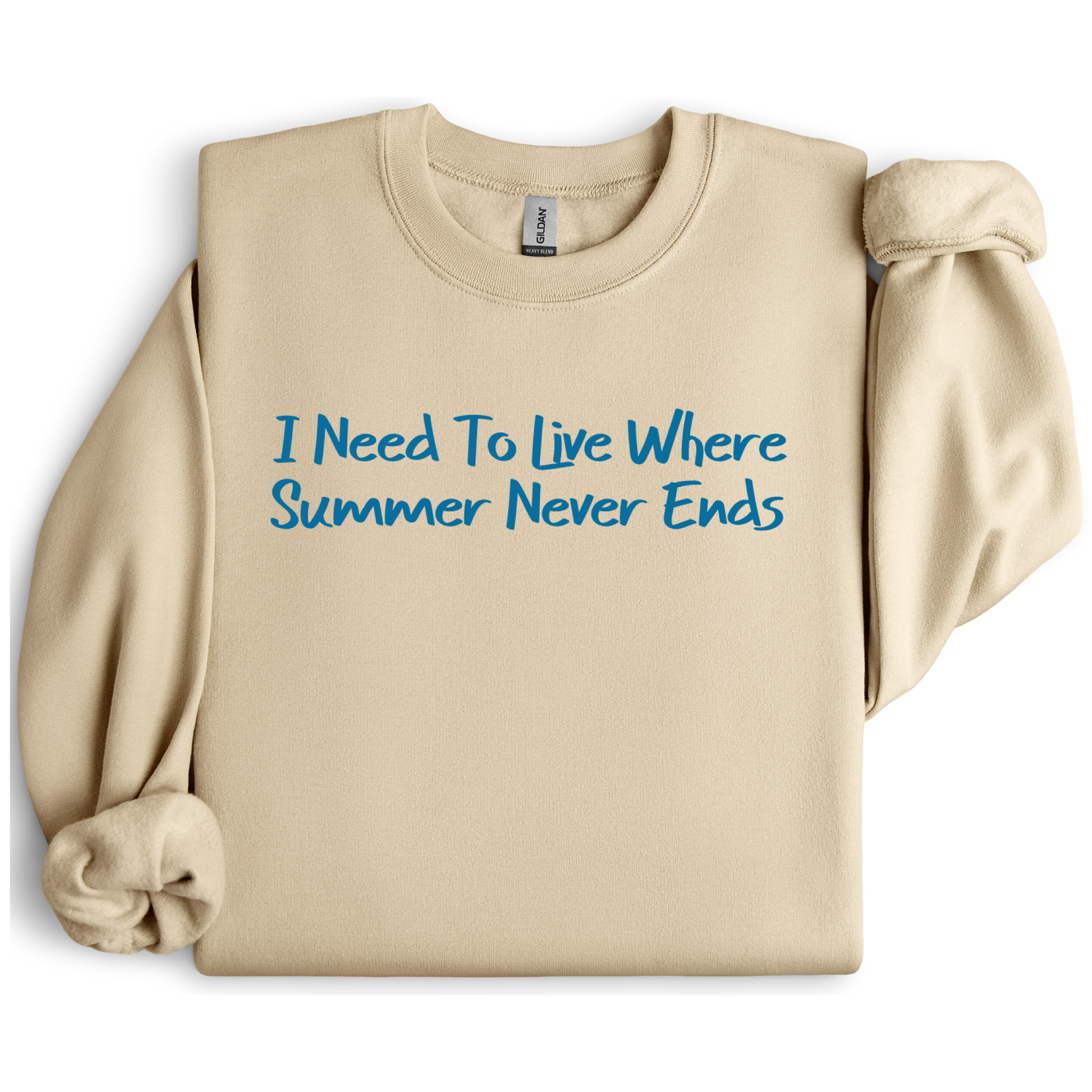 Gildan sweatshirt featuring blue text that reads “I Need To Live Where Summer Never Ends.” Cozy beach-inspired pullover for those who love the sun and ocean lifestyle. Made with a soft cotton-poly blend, ribbed cuffs, and double-needle stitching for durability. Perfect for coastal adventures, vacations, or casual summer-style outfits. Ideal gift for beach lovers and anyone who wishes for endless summer days.