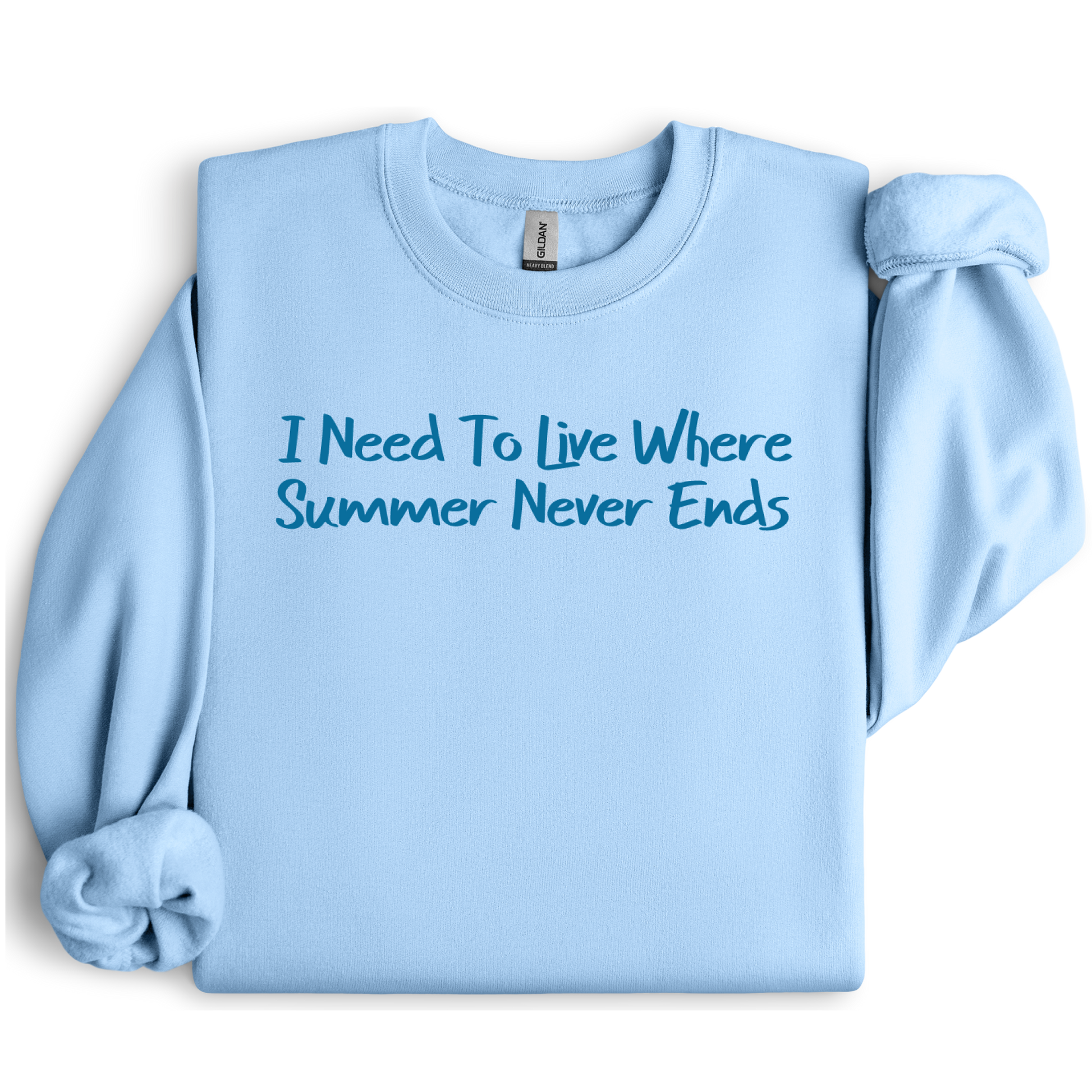 Gildan sweatshirt featuring blue text that reads “I Need To Live Where Summer Never Ends.” Cozy beach-inspired pullover for those who love the sun and ocean lifestyle. Made with a soft cotton-poly blend, ribbed cuffs, and double-needle stitching for durability. Perfect for coastal adventures, vacations, or casual summer-style outfits. Ideal gift for beach lovers and anyone who wishes for endless summer days.