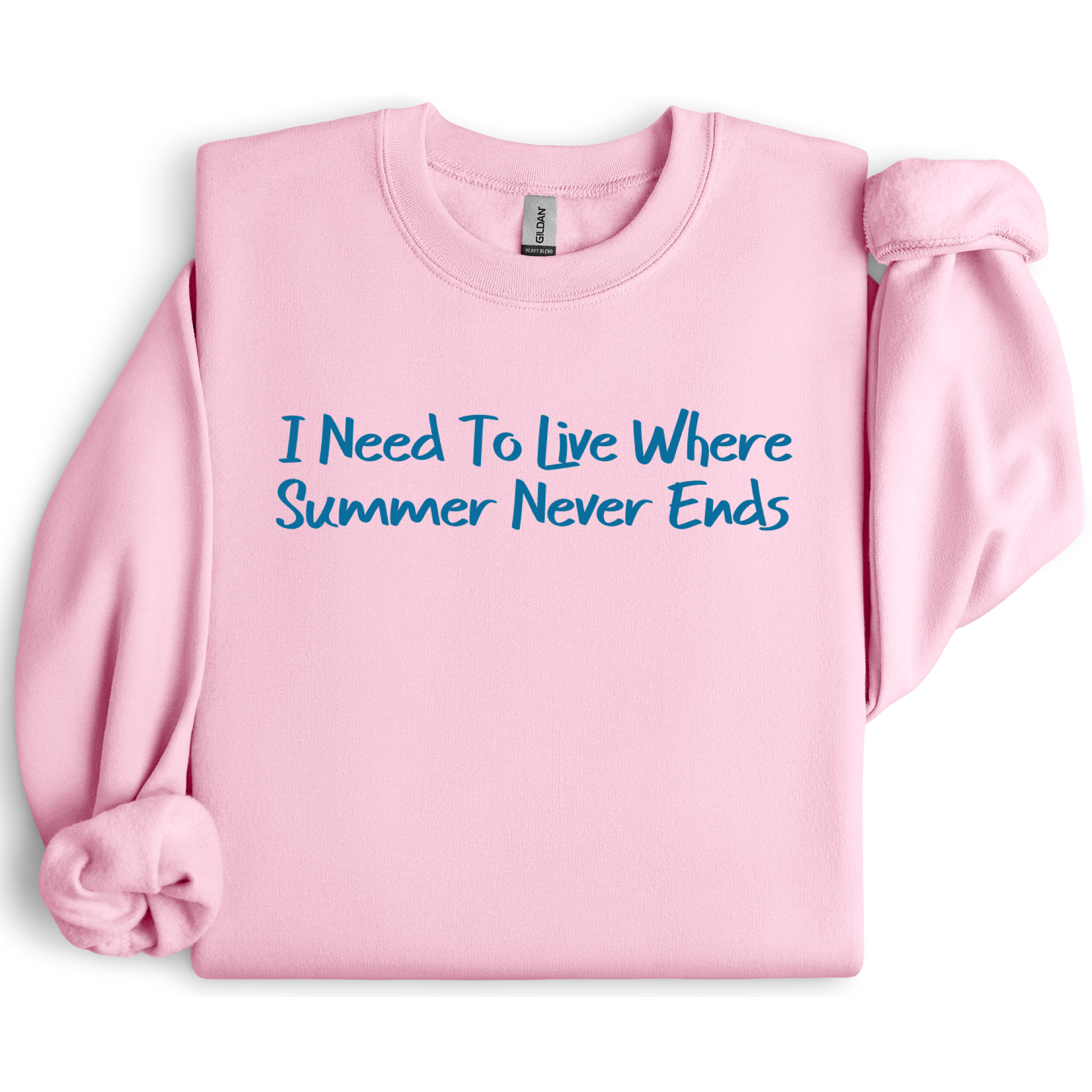 Gildan sweatshirt featuring blue text that reads “I Need To Live Where Summer Never Ends.” Cozy beach-inspired pullover for those who love the sun and ocean lifestyle. Made with a soft cotton-poly blend, ribbed cuffs, and double-needle stitching for durability. Perfect for coastal adventures, vacations, or casual summer-style outfits. Ideal gift for beach lovers and anyone who wishes for endless summer days.