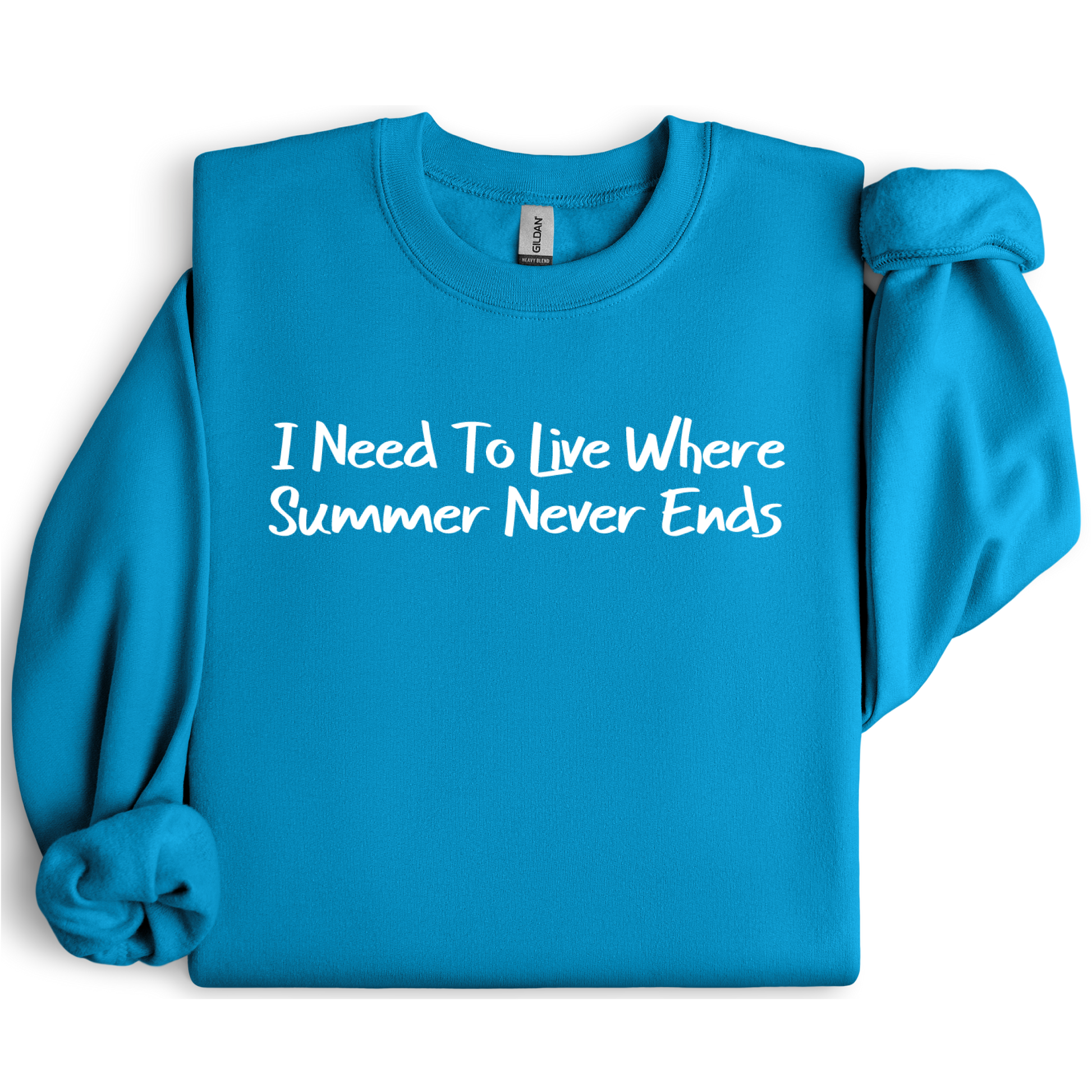 Gildan sweatshirt featuring blue text that reads “I Need To Live Where Summer Never Ends.” Cozy beach-inspired pullover for those who love the sun and ocean lifestyle. Made with a soft cotton-poly blend, ribbed cuffs, and double-needle stitching for durability. Perfect for coastal adventures, vacations, or casual summer-style outfits. Ideal gift for beach lovers and anyone who wishes for endless summer days.