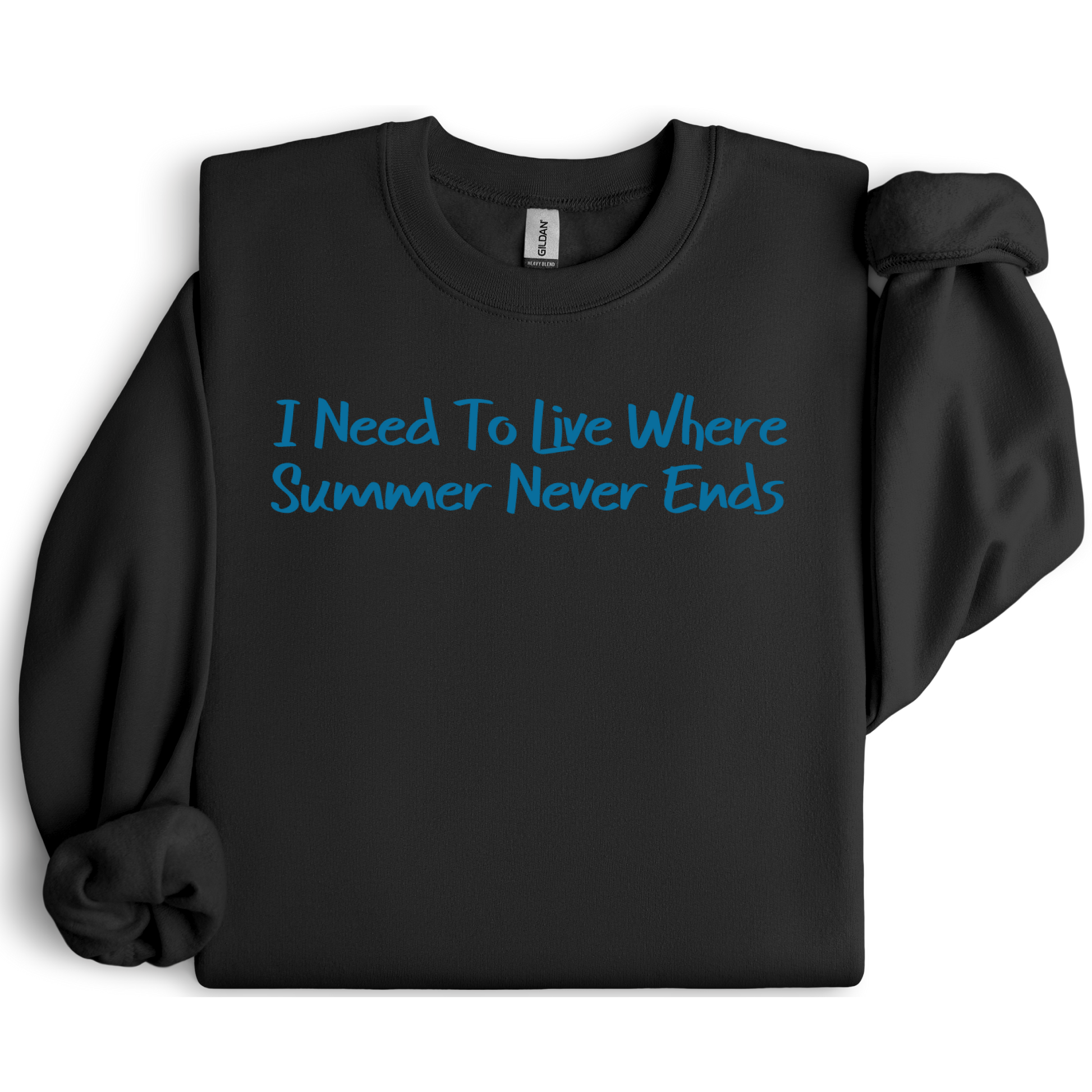 Gildan sweatshirt featuring blue text that reads “I Need To Live Where Summer Never Ends.” Cozy beach-inspired pullover for those who love the sun and ocean lifestyle. Made with a soft cotton-poly blend, ribbed cuffs, and double-needle stitching for durability. Perfect for coastal adventures, vacations, or casual summer-style outfits. Ideal gift for beach lovers and anyone who wishes for endless summer days.
