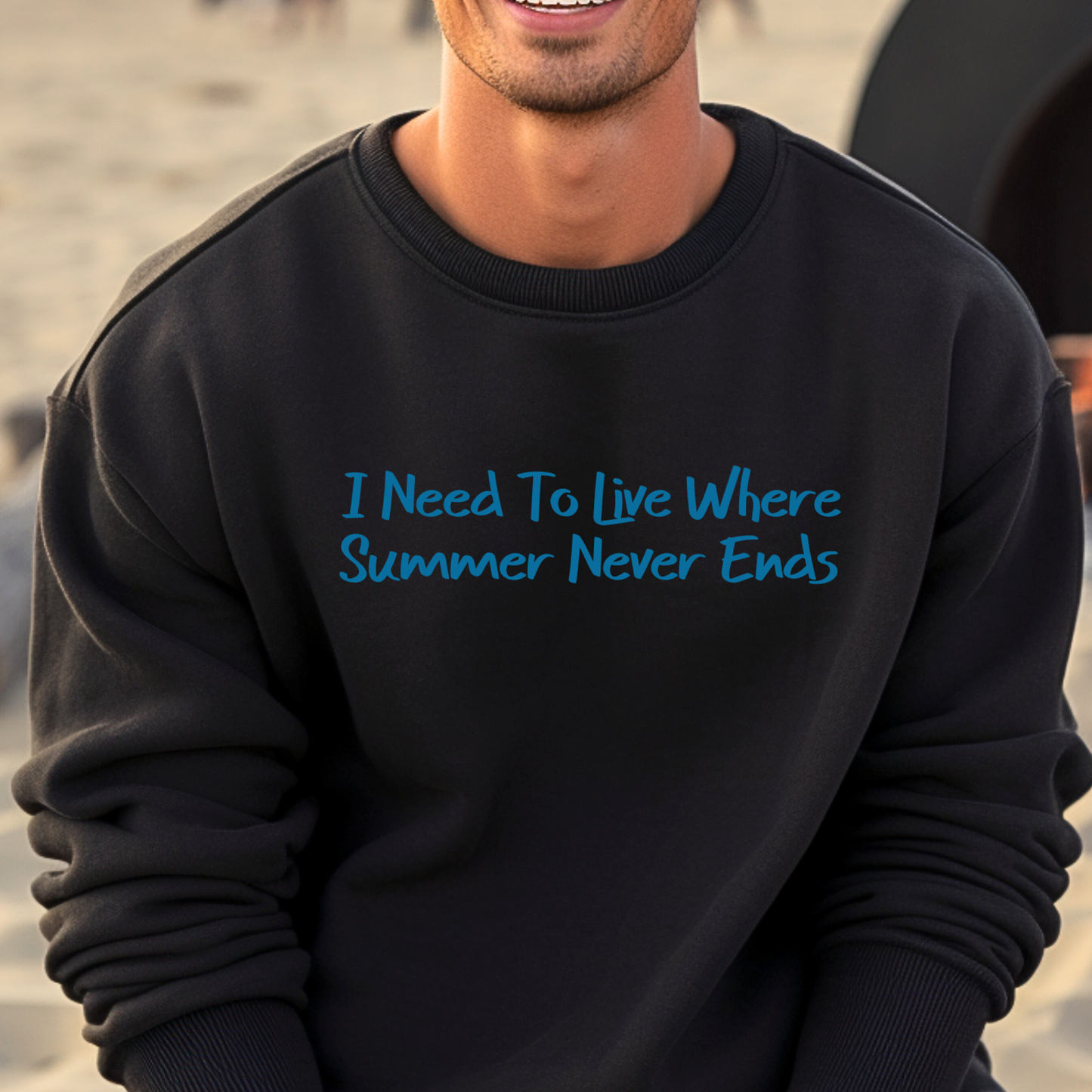 Gildan sweatshirt featuring blue text that reads “I Need To Live Where Summer Never Ends.” Cozy beach-inspired pullover for those who love the sun and ocean lifestyle. Made with a soft cotton-poly blend, ribbed cuffs, and double-needle stitching for durability. Perfect for coastal adventures, vacations, or casual summer-style outfits. Ideal gift for beach lovers and anyone who wishes for endless summer days.