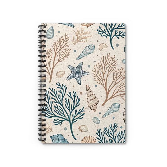The Beach-Inspired Spiral Notebook features a seashell, starfish, and coral design in calming blue and tan on a light beige cover—perfect for ocean lovers.