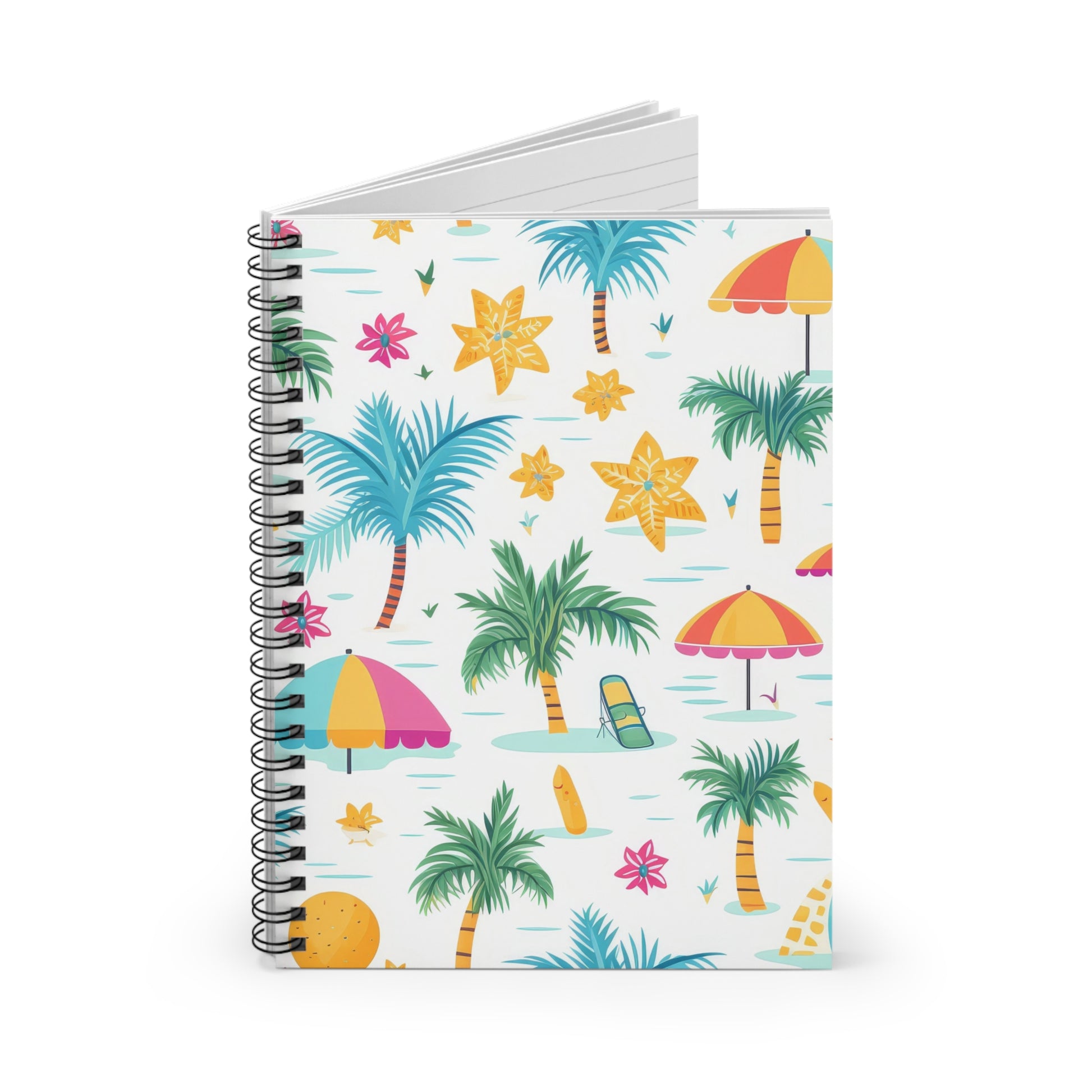The Tropical Vibes Spiral Notebook - Perfect for Summer Adventures features a vibrant beach-themed design with palm trees, star fruits, umbrellas, and lounge chairs on a white background. Its inviting blank pages are ideal for sparking creativity and motivational journaling.