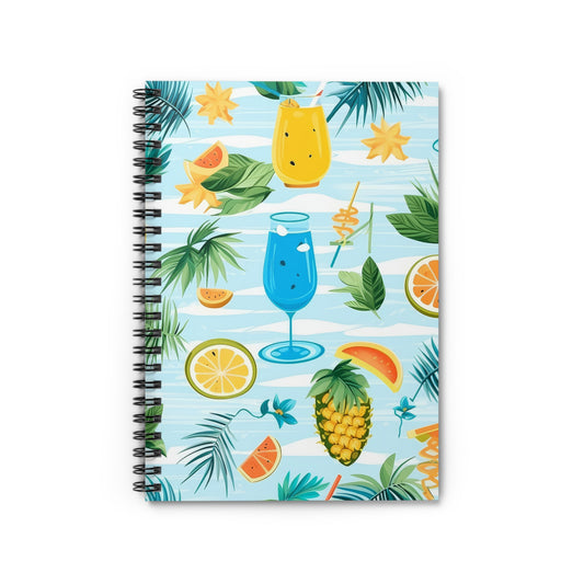 The Tropical Vibes Spiral Notebook boasts a tropical design with vibrant pineapples, citrus fruits, and drinks on a light blue striped background. It holds 118 ruled pages, ideal for notes or paradise-inspired dreams. Perfect for summer adventures and creative outlets.