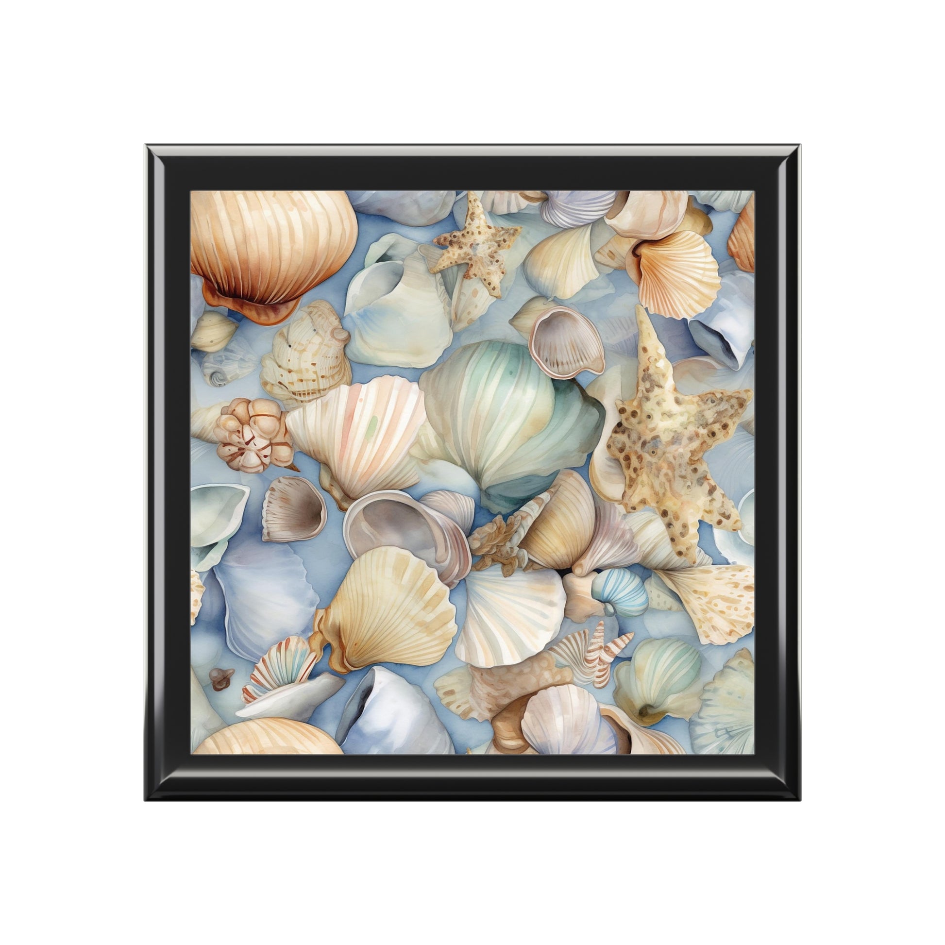 The Coastal Shells Jewelry Box is perfect for nautical-themed decor, showcasing seashells and starfish in pastel tones against a soft blue background with textures and colors like peach, cream, and beige.