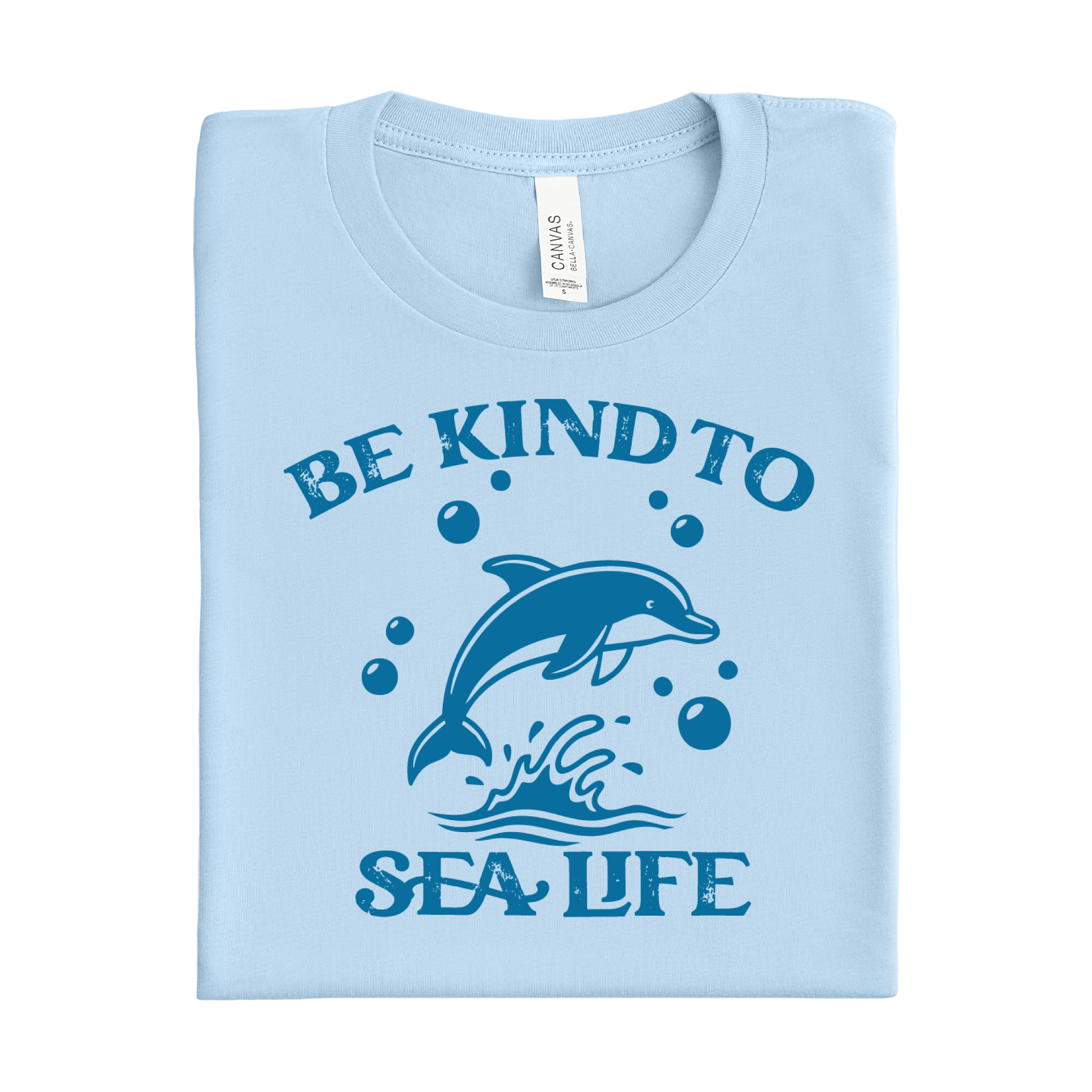 baby blue t-shirt with a dolphin graphic and 'Be Kind to Sea Life' text on a white background
