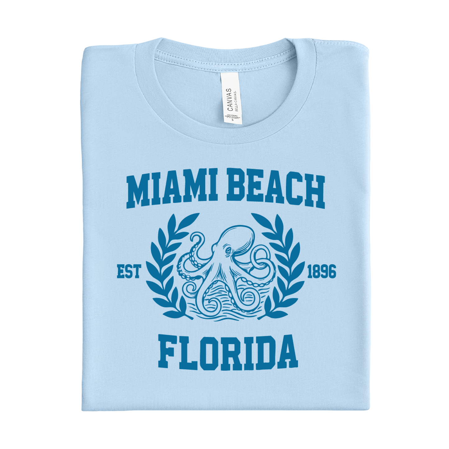 Baby blue t-shirt with 'Miami Beach Florida' design on a white background