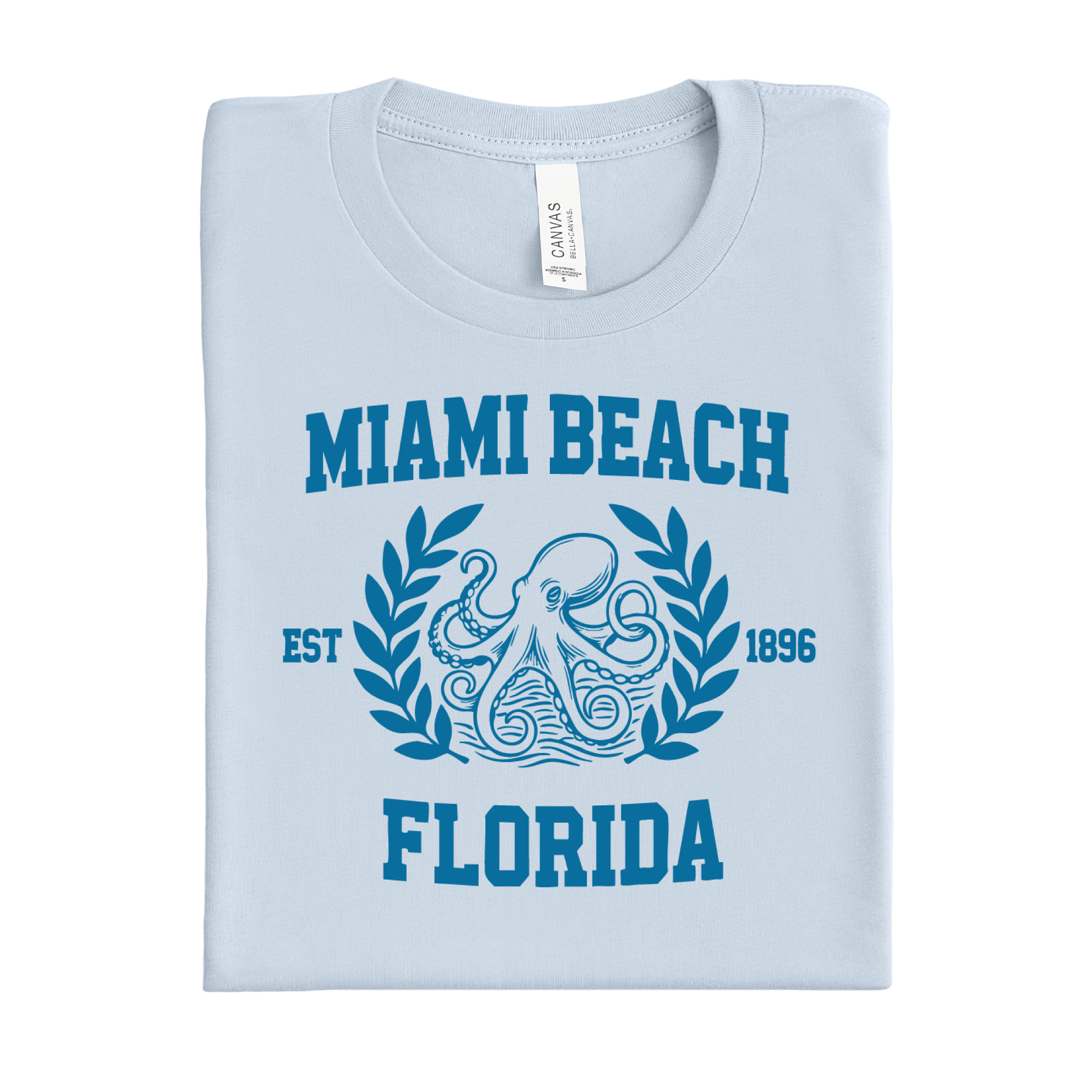 Light blue t-shirt with 'Miami Beach Florida' design featuring an octopus and laurel leaves.