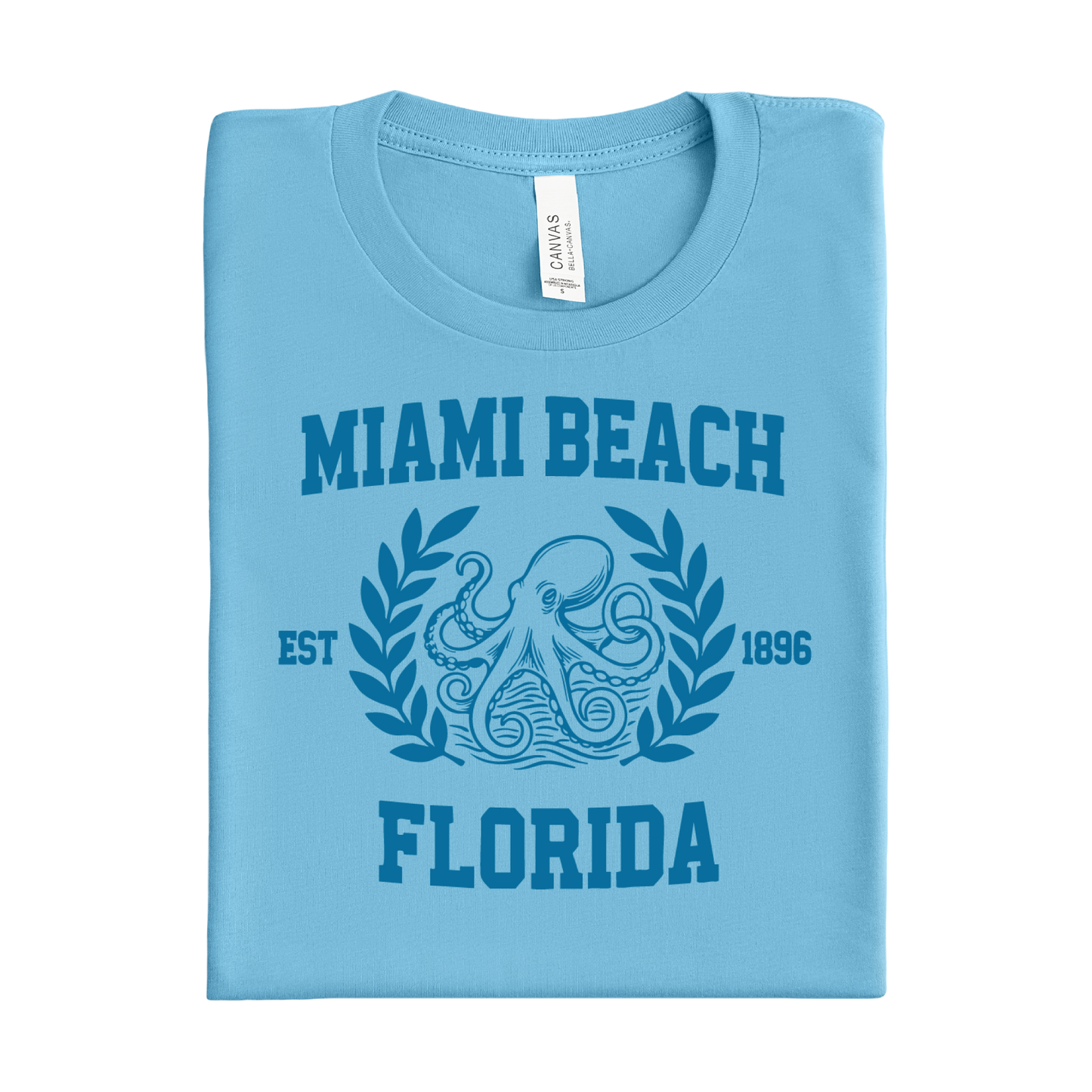 Ocean blue t-shirt with 'Miami Beach, Florida' design on a white background