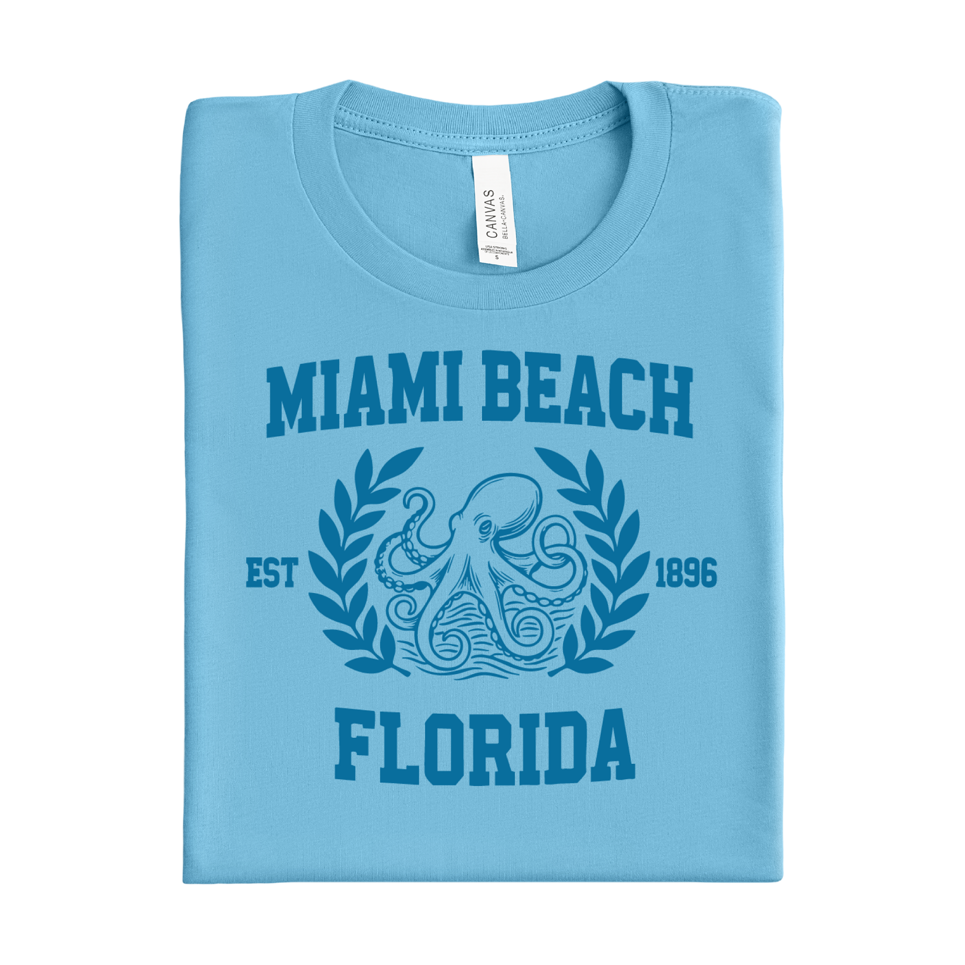 Ocean blue t-shirt with 'Miami Beach, Florida' design on a white background