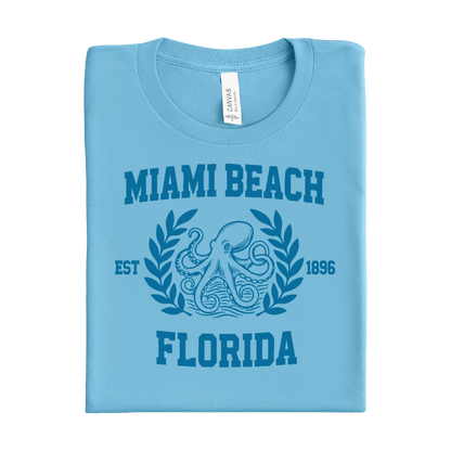 Ocean blue t-shirt with 'Miami Beach, Florida' design on a white background