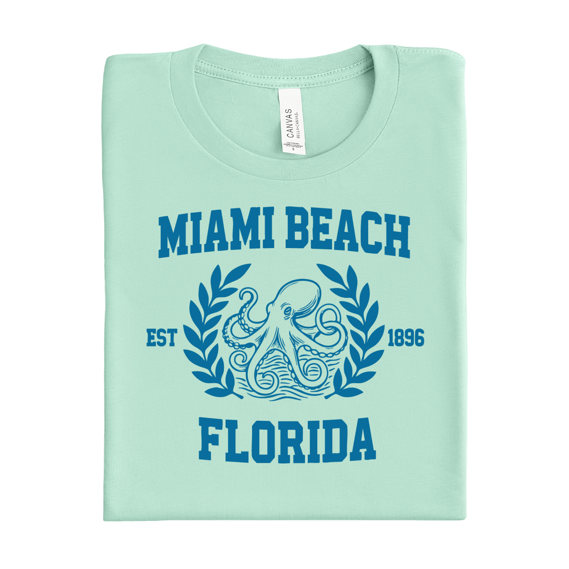 Mint Green t-shirt with 'Miami Beach, Florida' design on a white background