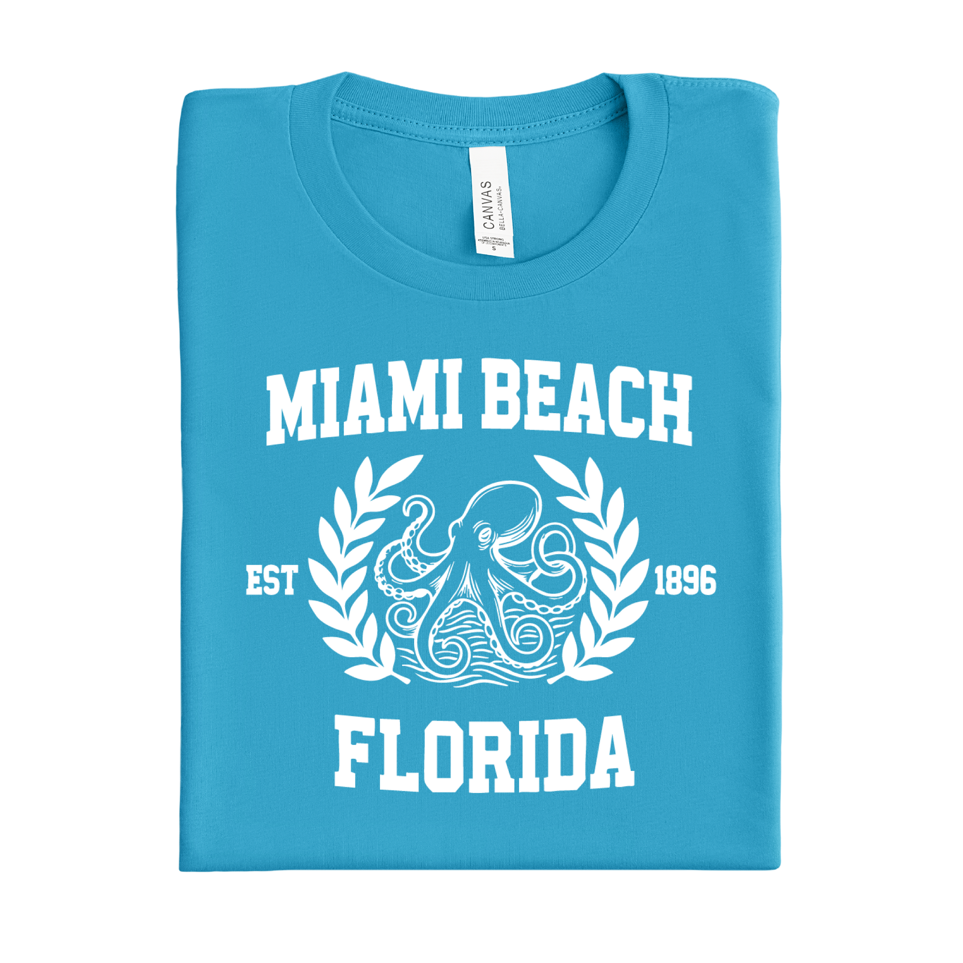 Folded aqua blue t-shirt with 'Miami Beach Florida' text and octopus design on a white background