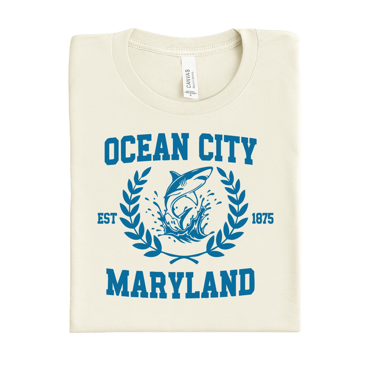 Folded t-shirt with 'Ocean City, Maryland' design on a white background