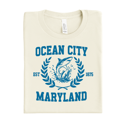 Folded t-shirt with 'Ocean City, Maryland' design on a white background