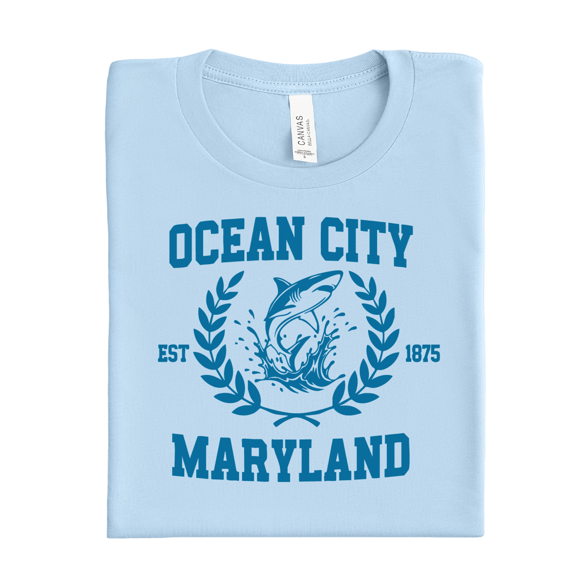 Baby blue t-shirt with 'Ocean City, Maryland' design featuring a shark and laurel leaves.