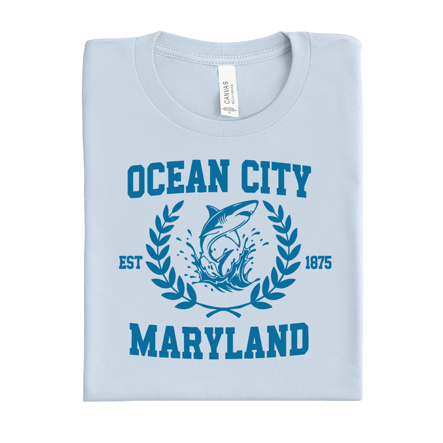 Light blue t-shirt with 'Ocean City, Maryland' design on a white background