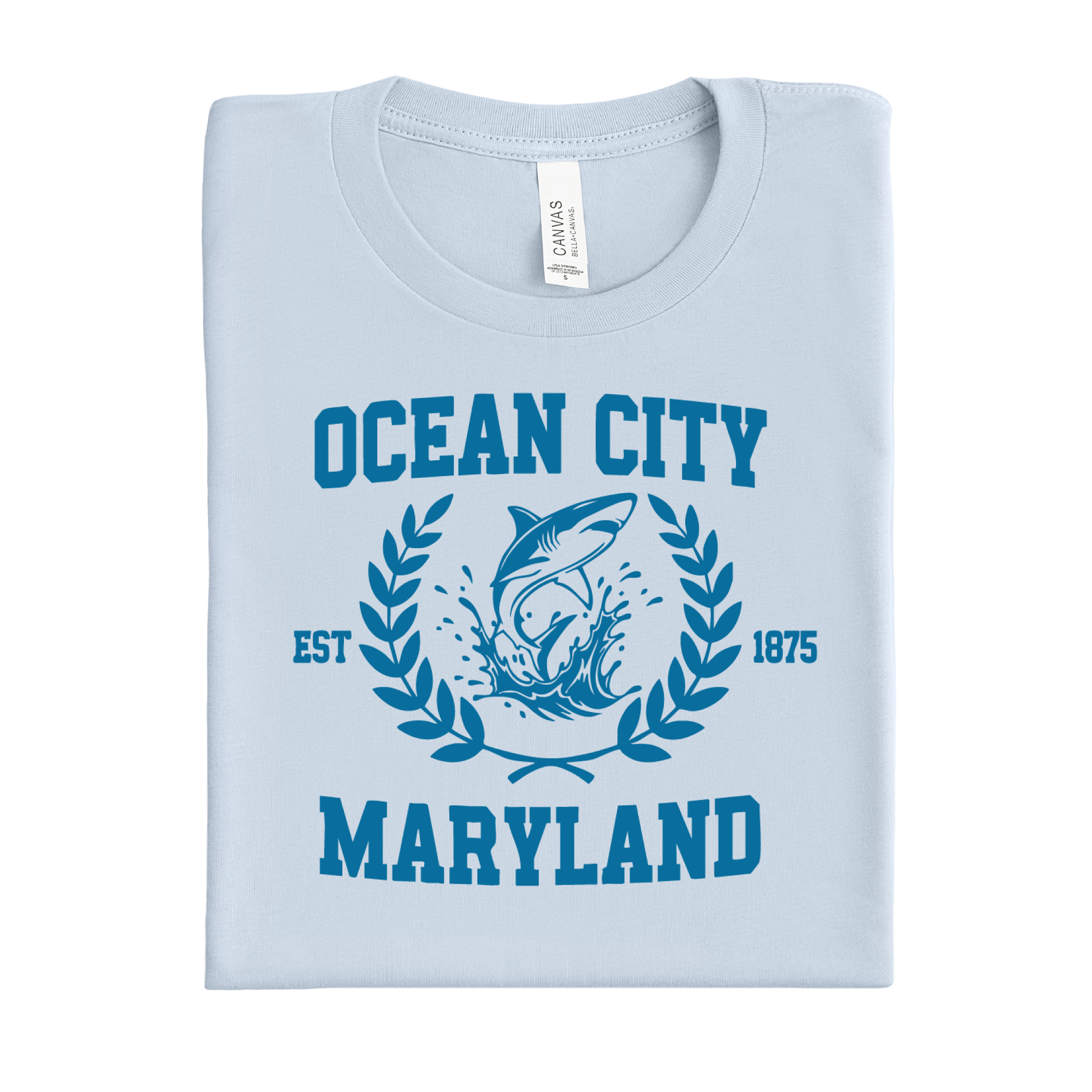 Light blue t-shirt with 'Ocean City, Maryland' design on a white background