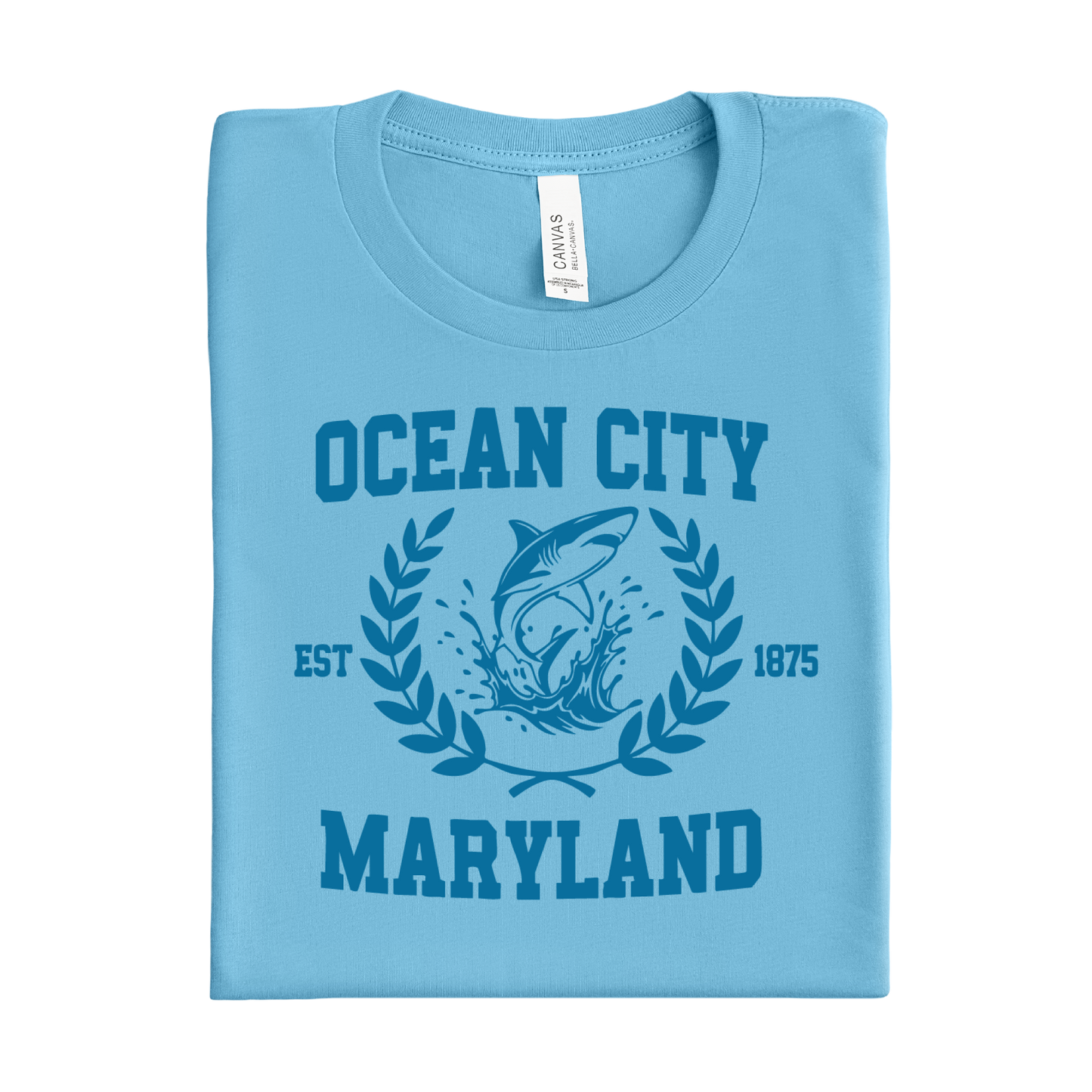 Folded ocean blue t-shirt with 'Ocean City, Maryland' design on a white background